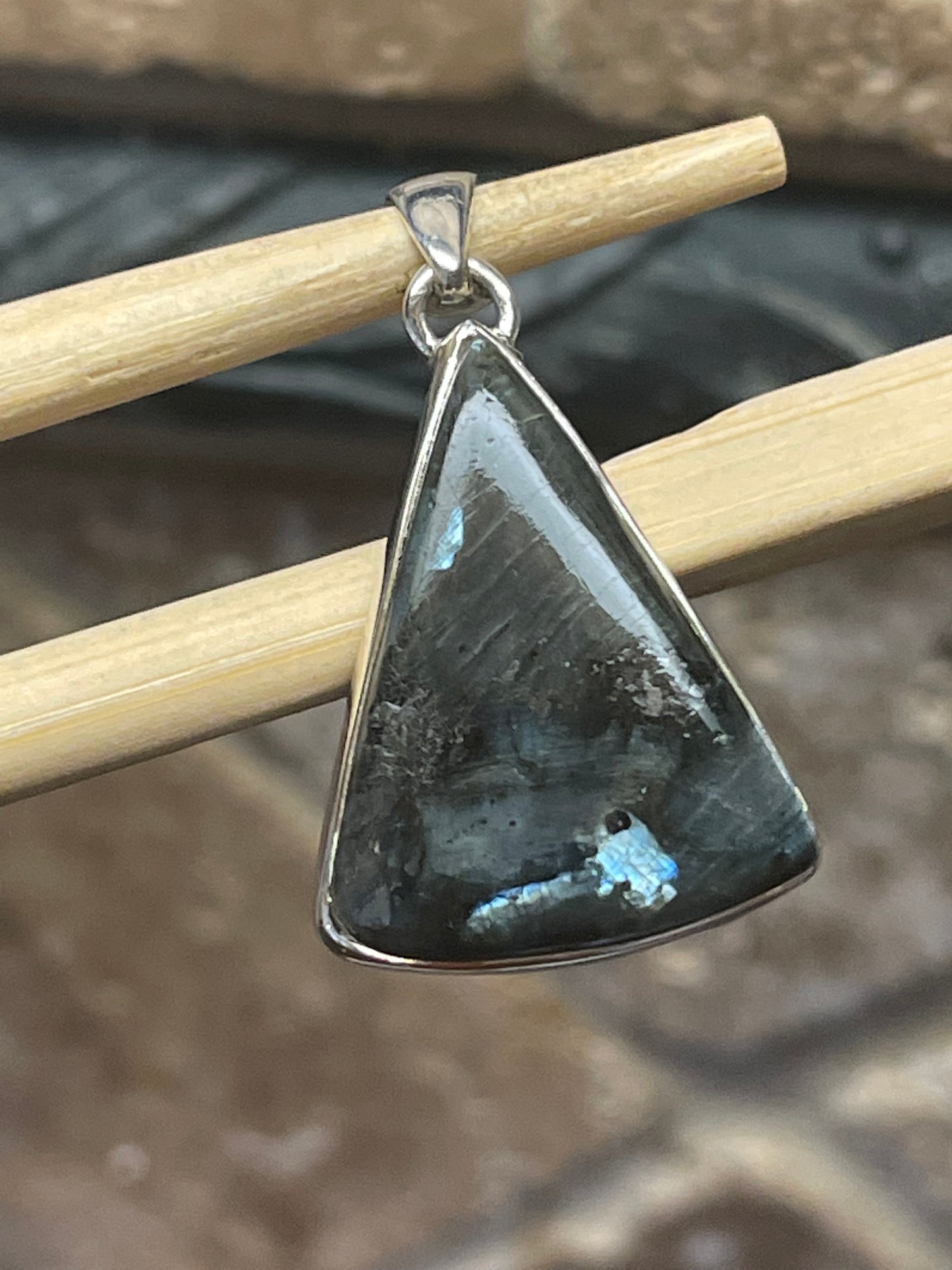 Natural Larvikite Black Moonstone 925 Solid Sterling Silver Pendant 35mm - Natural Rocks by Kala