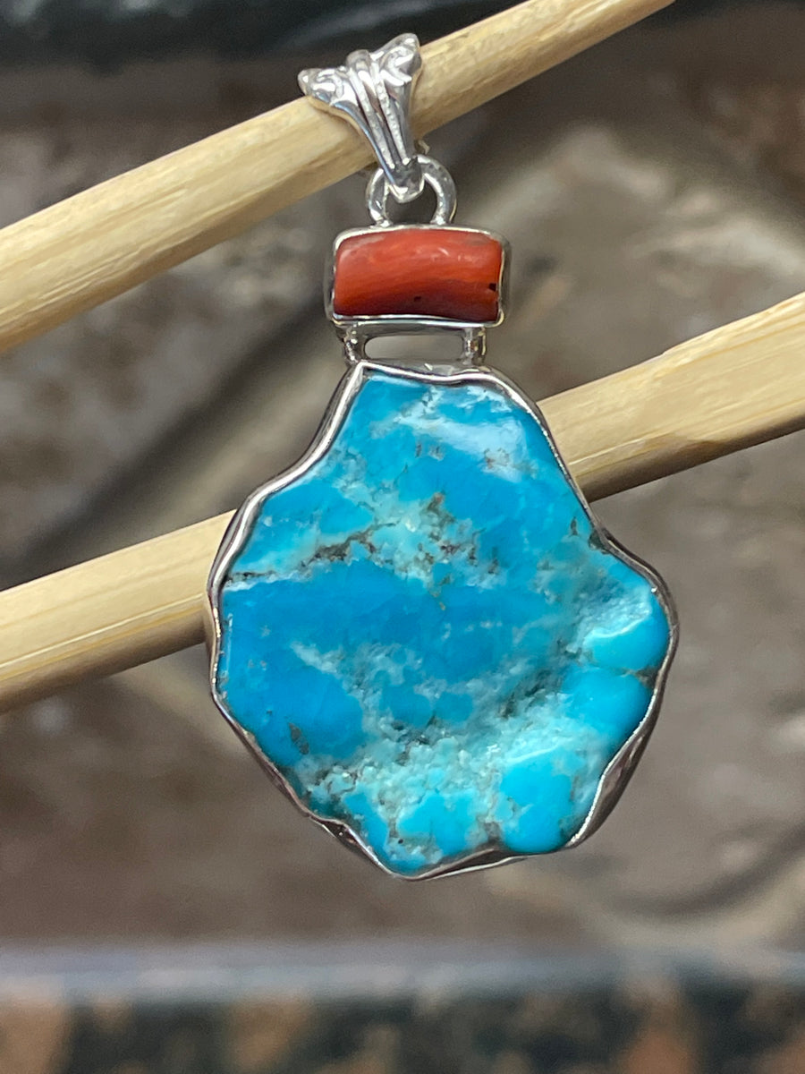 Natural Sleeping Beauty Turquoise, Coral 925 Solid Sterling Silver Pendant  40mm