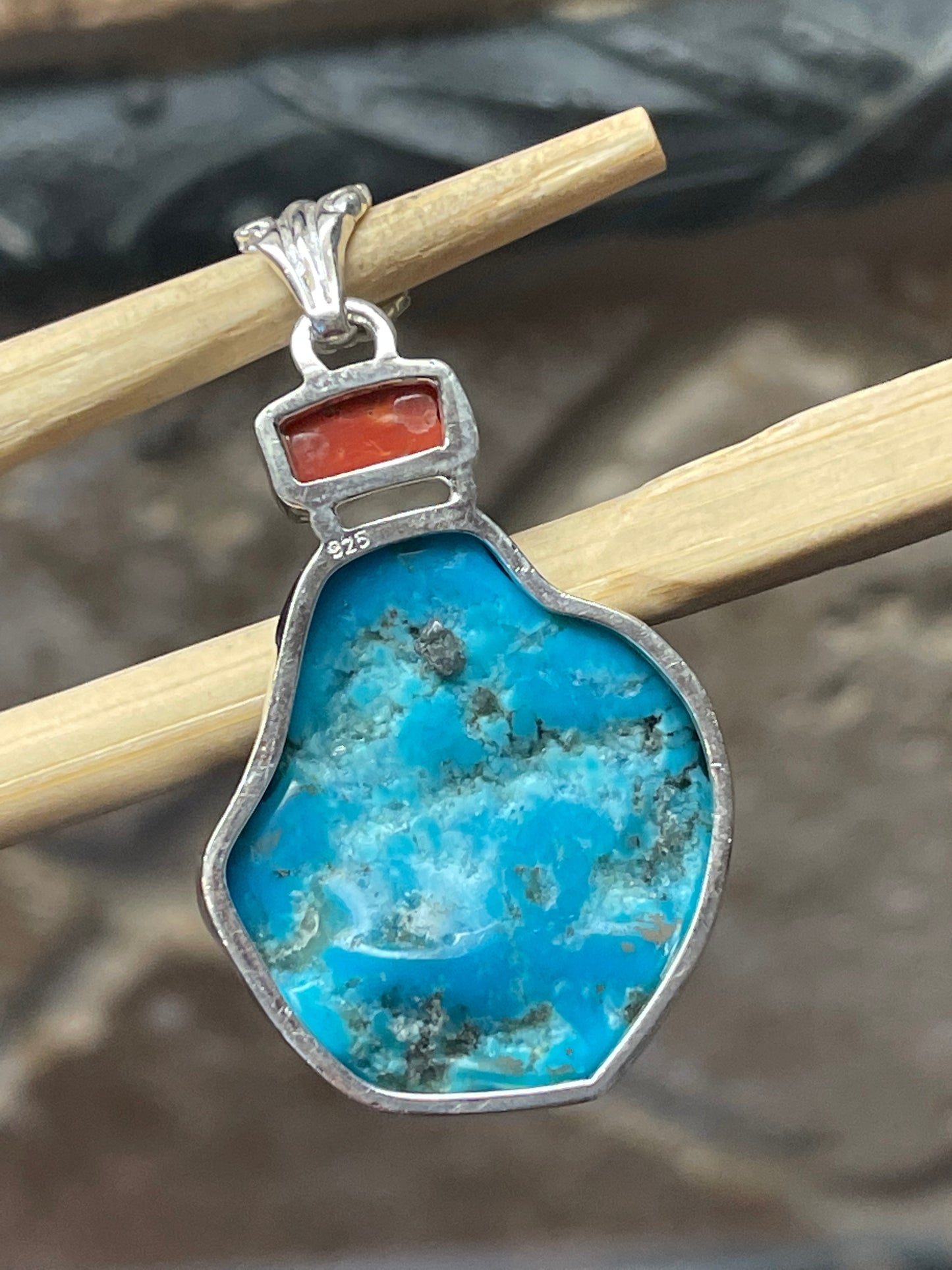 Natural Sleeping Beauty Turquoise, Coral 925 Solid Sterling Silver Pendant 40mm - Natural Rocks by Kala