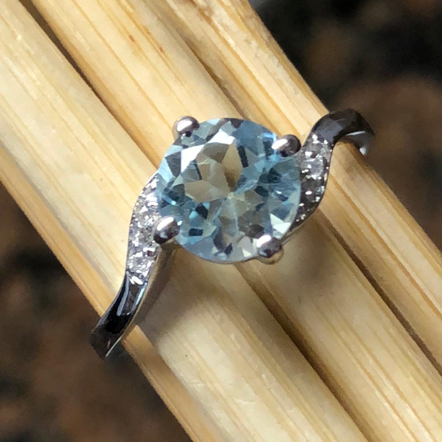 Natural 1ct Blue Topaz, White Topaz 925 Solid Sterling Silver Engagement Ring Size 6, 7, 8, 9 - Natural Rocks by Kala