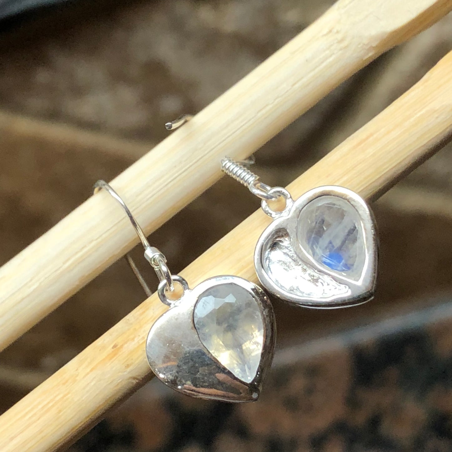 Natural Rainbow Moonstone 925 Solid Sterling Silver Heart Earrings 20mm - Natural Rocks by Kala