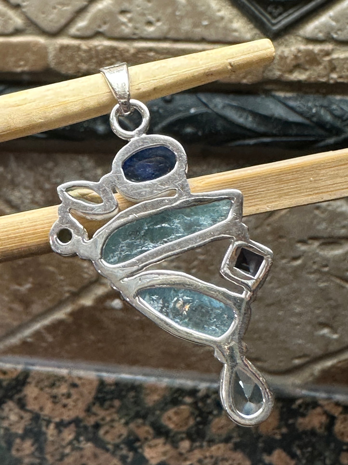 Natural Aquamarine, Kyanite, Blue Topaz, Iolite 925 Solid Sterling Silver Pendant 45mm - Natural Rocks by Kala
