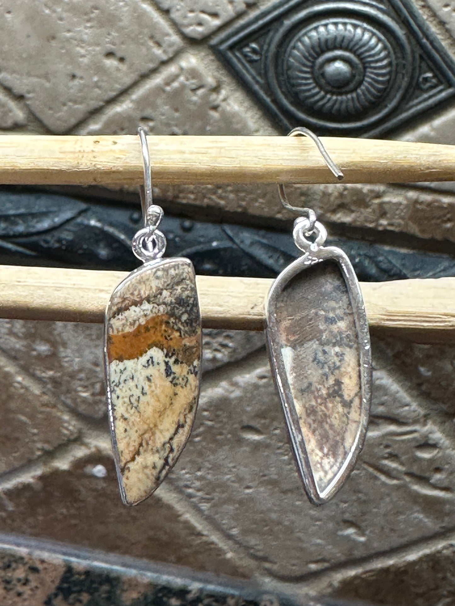Natural Picture Jasper 925 Solid Sterling Silver American Landscape Earrings 40mm - Natural Rocks by Kala