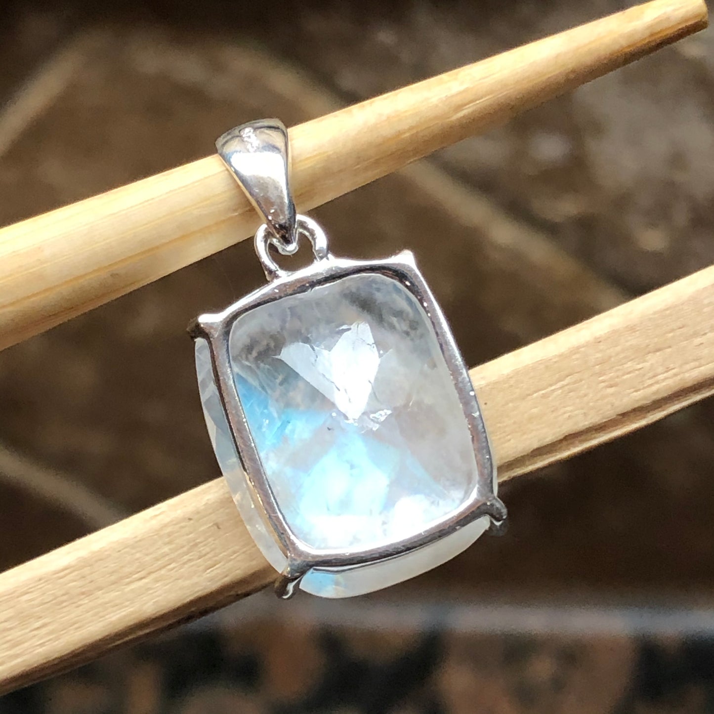 Genuine Rainbow Moonstone 925 Solid Sterling Silver Pendant 25mm - Natural Rocks by Kala