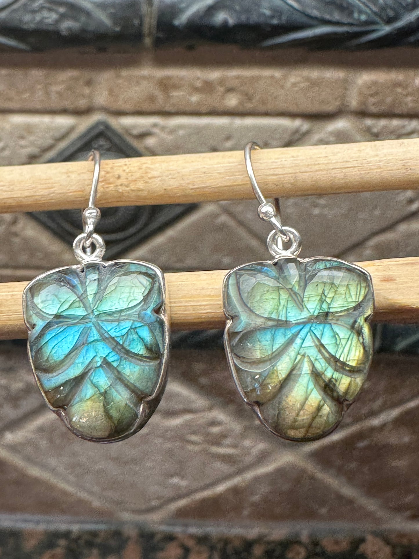 Natural Blue Labradorite 925 Sterling Silver Handcarved Earrings 35mm - Natural Rocks by Kala