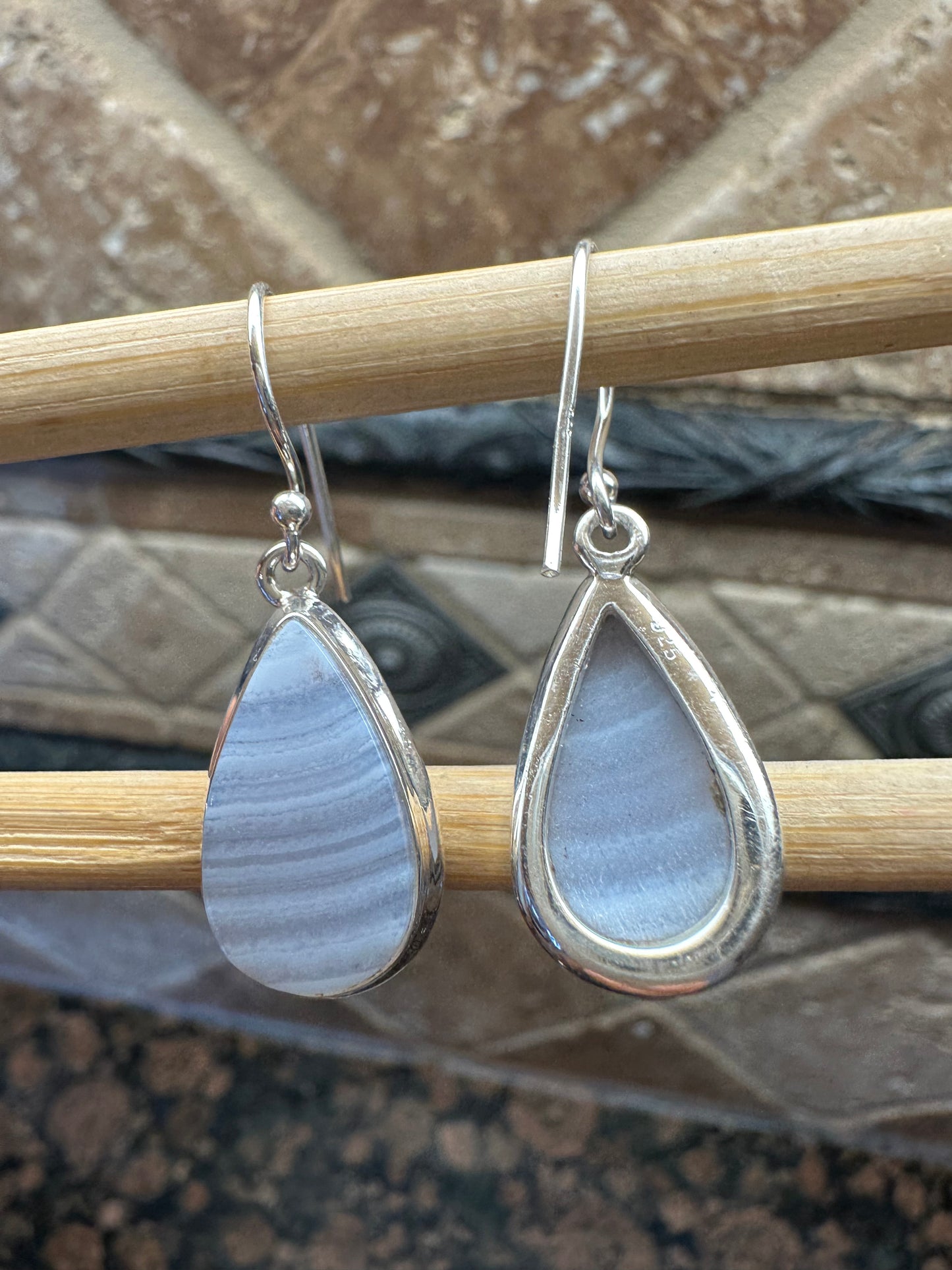 Natural Blue Lace Agate 925 Sterling Silver Earrings 35mm - Natural Rocks by Kala