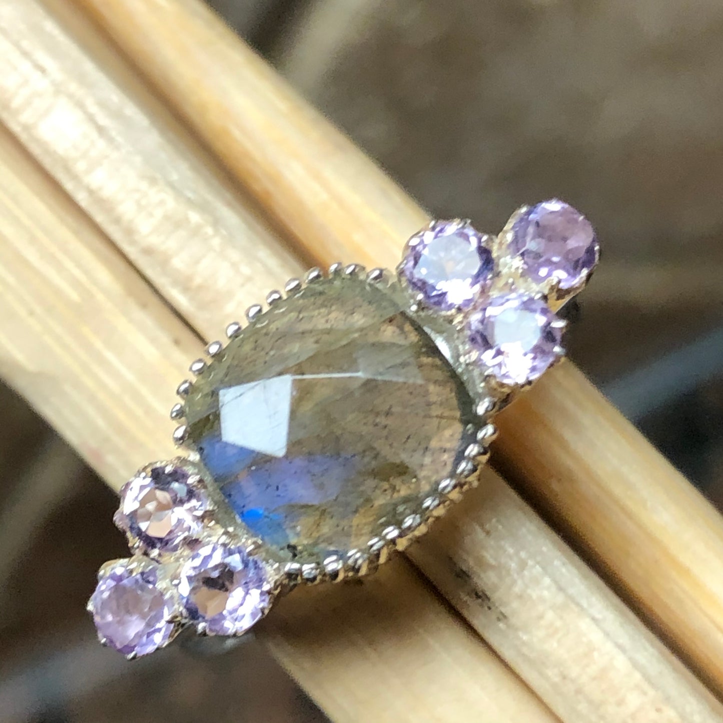 Natural Blue Labradorite, Amethyst 925 Solid Sterling Silver Ring Size 7, 8 - Natural Rocks by Kala