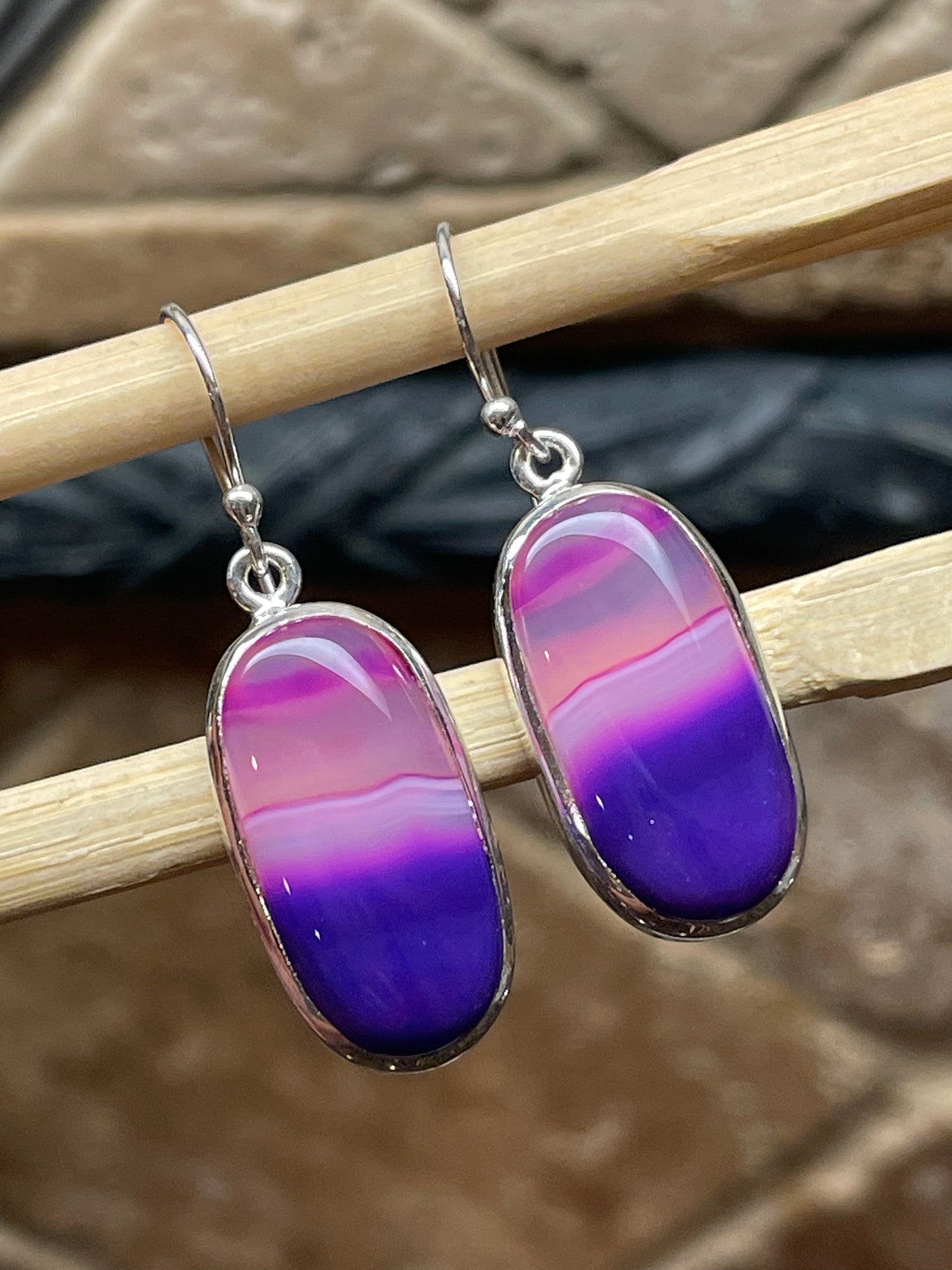 Natural Pink Lace Agate 925 Solid Sterling Silver Earrings 35mm - Natural Rocks by Kala