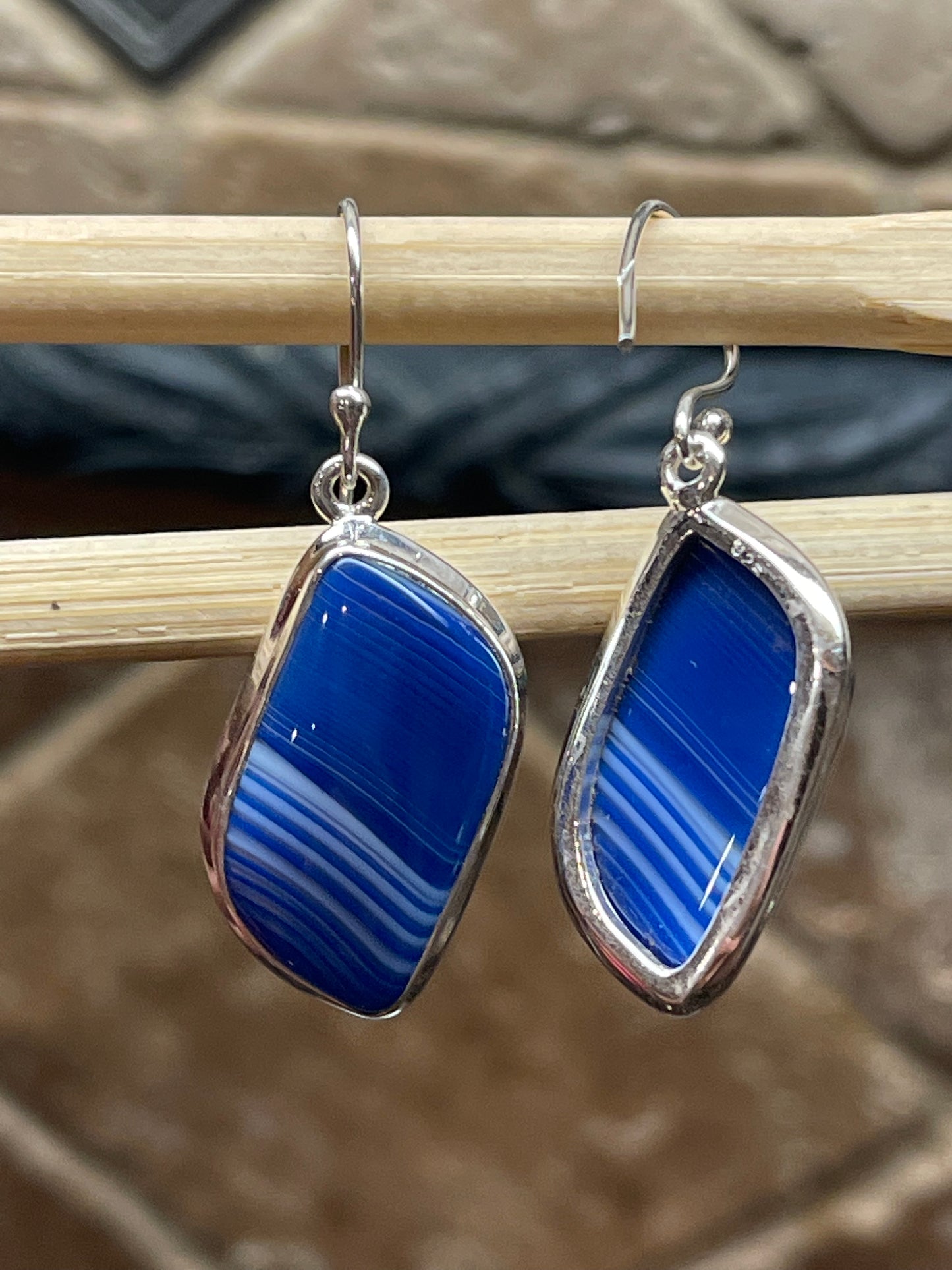 Natural Blue Lace Agate 925 Solid Sterling Silver Earrings 40mm - Natural Rocks by Kala