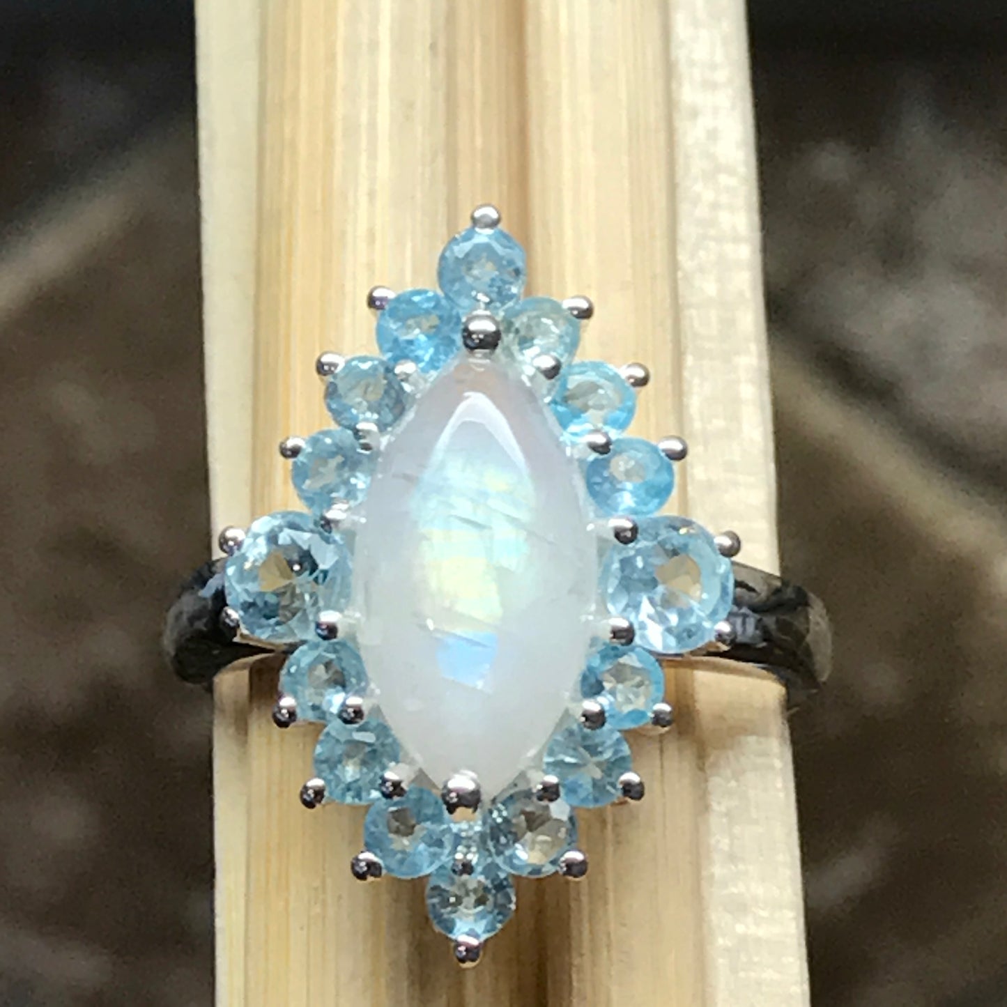 Genuine 6ct Blue Topaz, Rainbow Moonstone 925 Solid Sterling Silver Ring Size 6, 7, 8, 9 - Natural Rocks by Kala