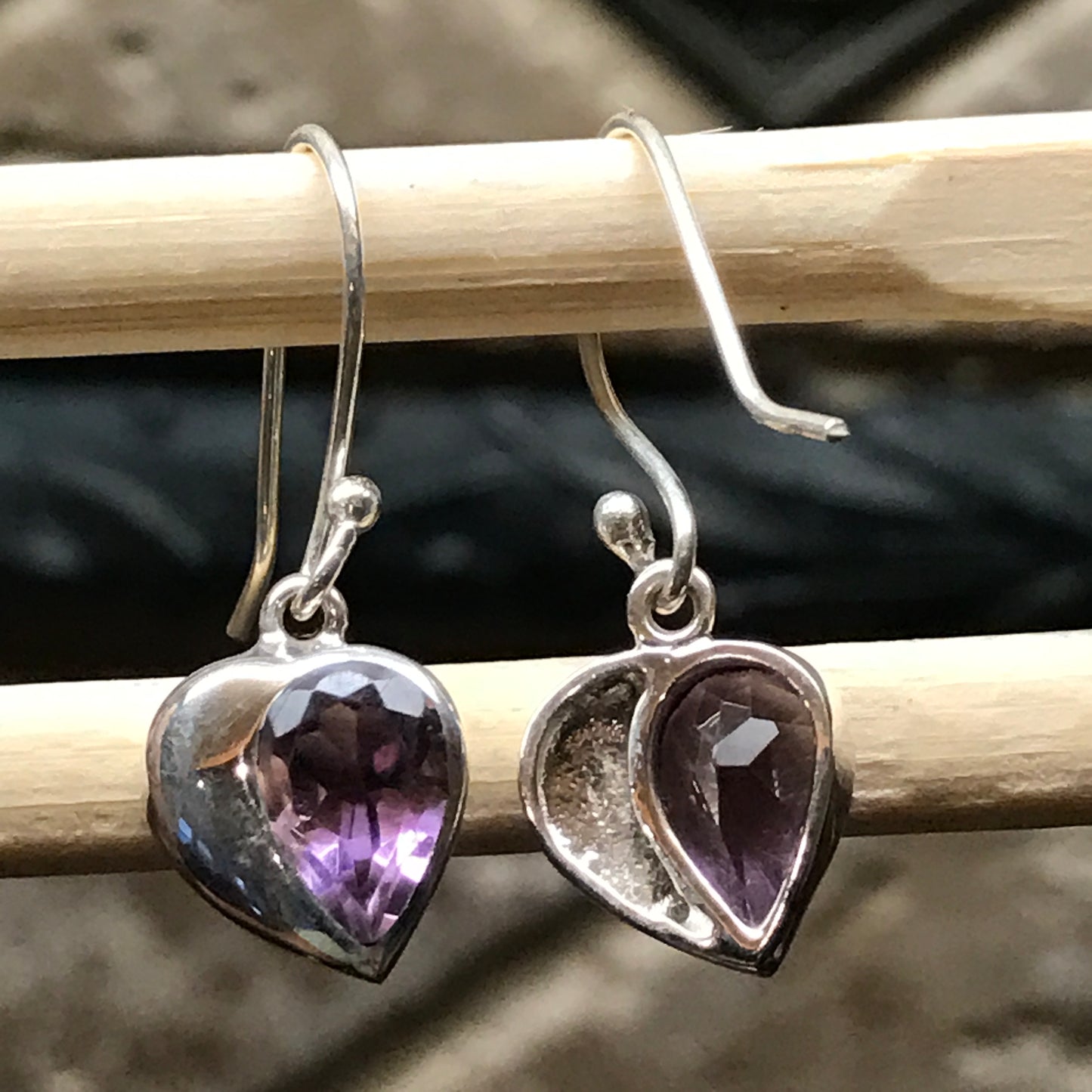 Natural 2ct Purple Amethyst 925 Solid Sterling Silver Heart Earrings 26mm - Natural Rocks by Kala