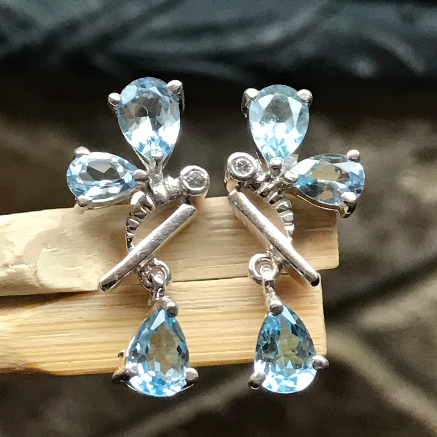 Genuine 4ct Blue Topaz 925 Solid Sterling Silver Bee Earrings 25mm - Natural Rocks by Kala