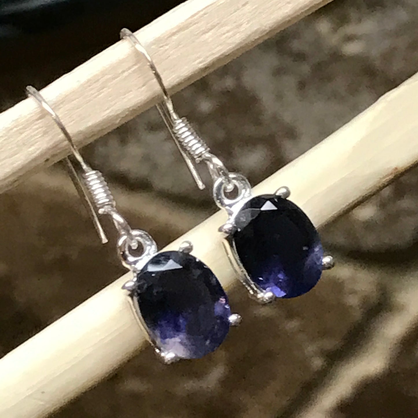 Natural 2.5ct Iolite 925 Solid Sterling Silver Earrings 25mm - Natural Rocks by Kala