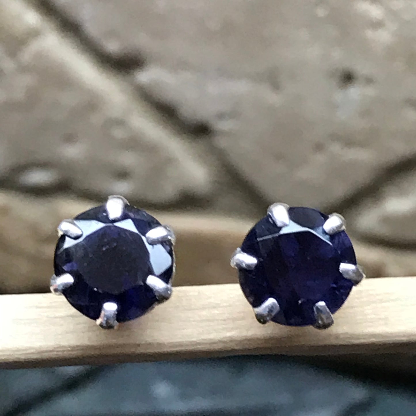 Natural 2ct Iolite 925 Solid Sterling Silver Earrings 7mm - Natural Rocks by Kala