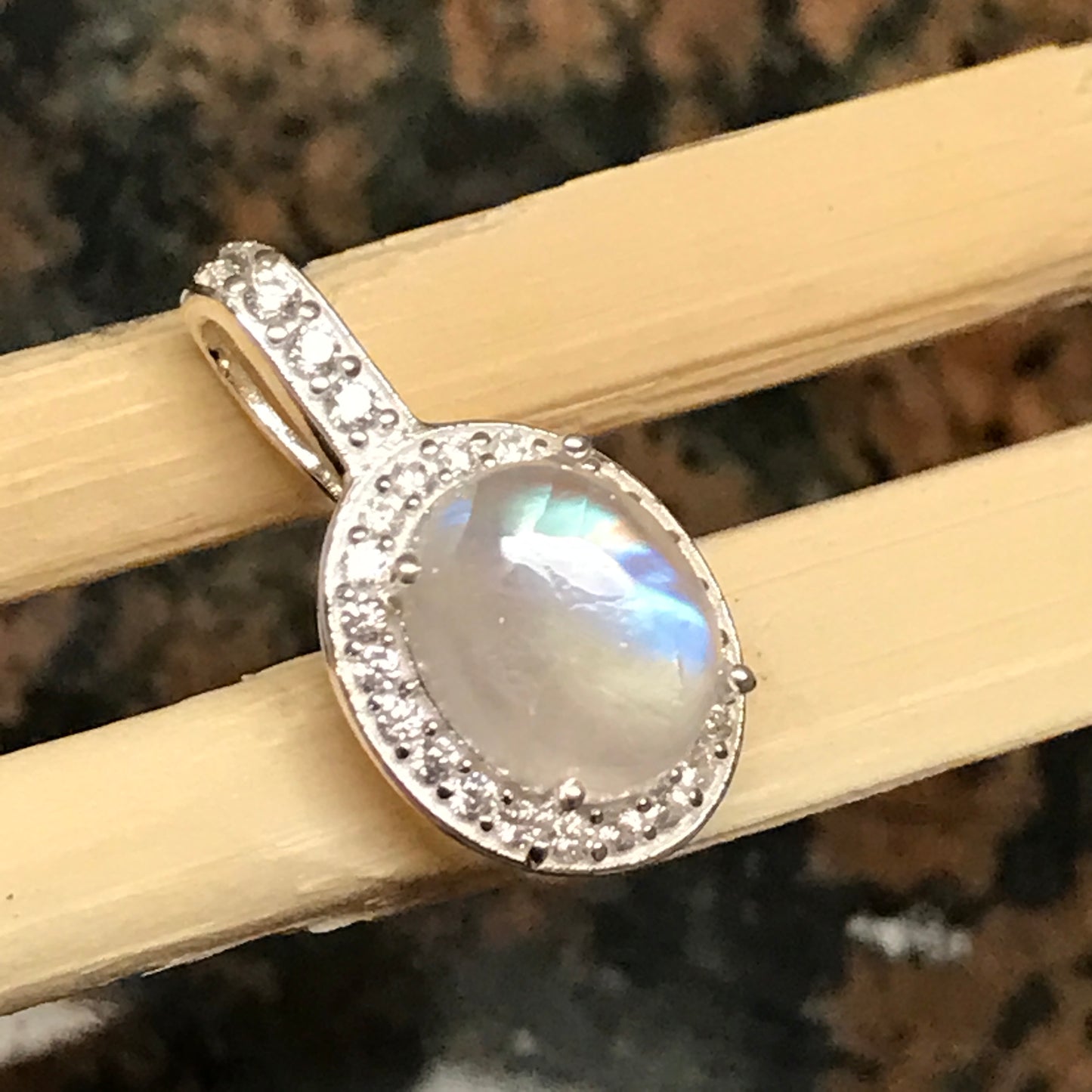 Genuine Rainbow Moonstone 925 Solid Sterling Silver Pendant 20mm - Natural Rocks by Kala