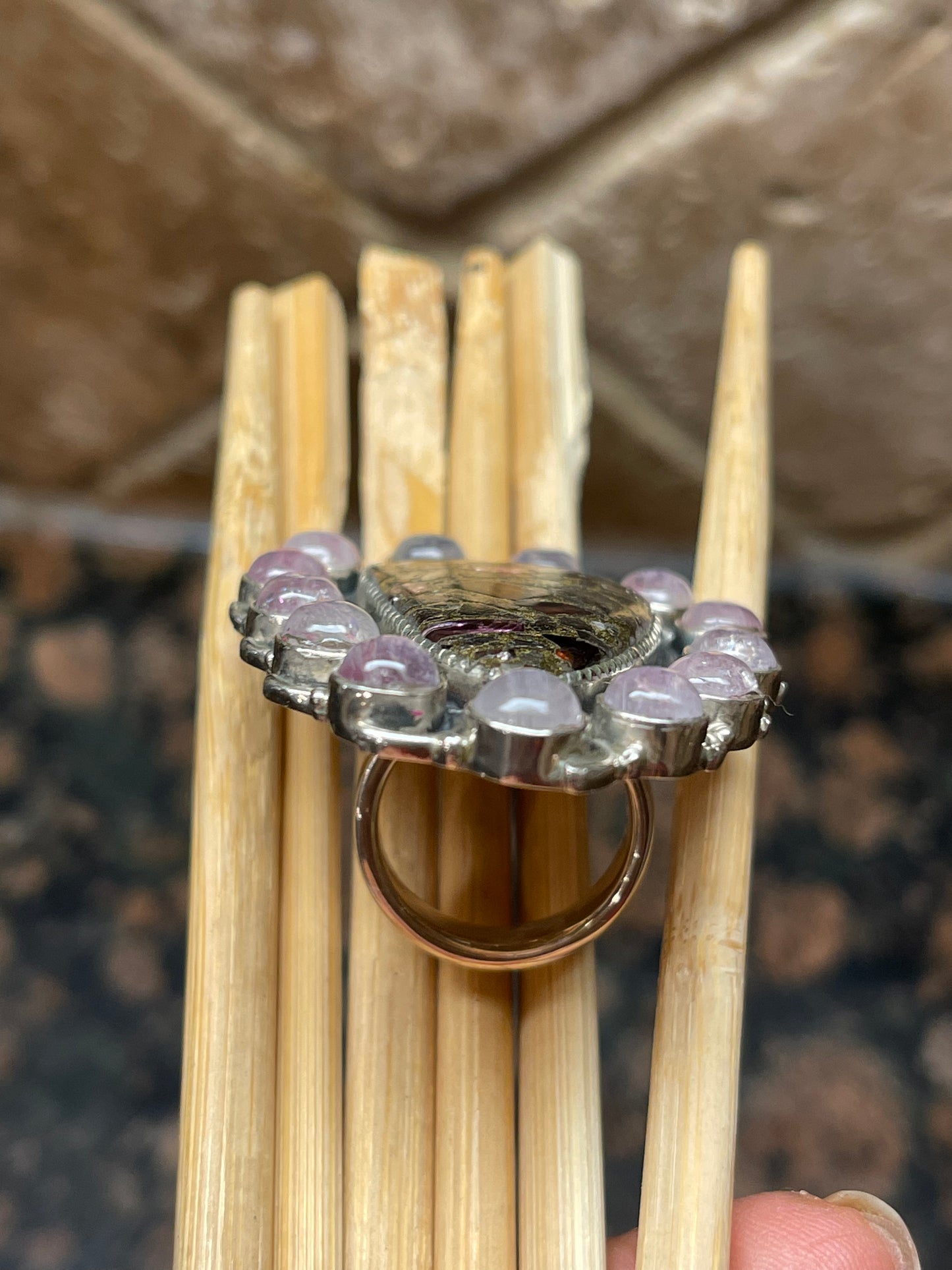 Natural Pink Moonstone, Garnet in Pyrite 925 Solid Sterling Silver Ring Size 7 - Natural Rocks by Kala