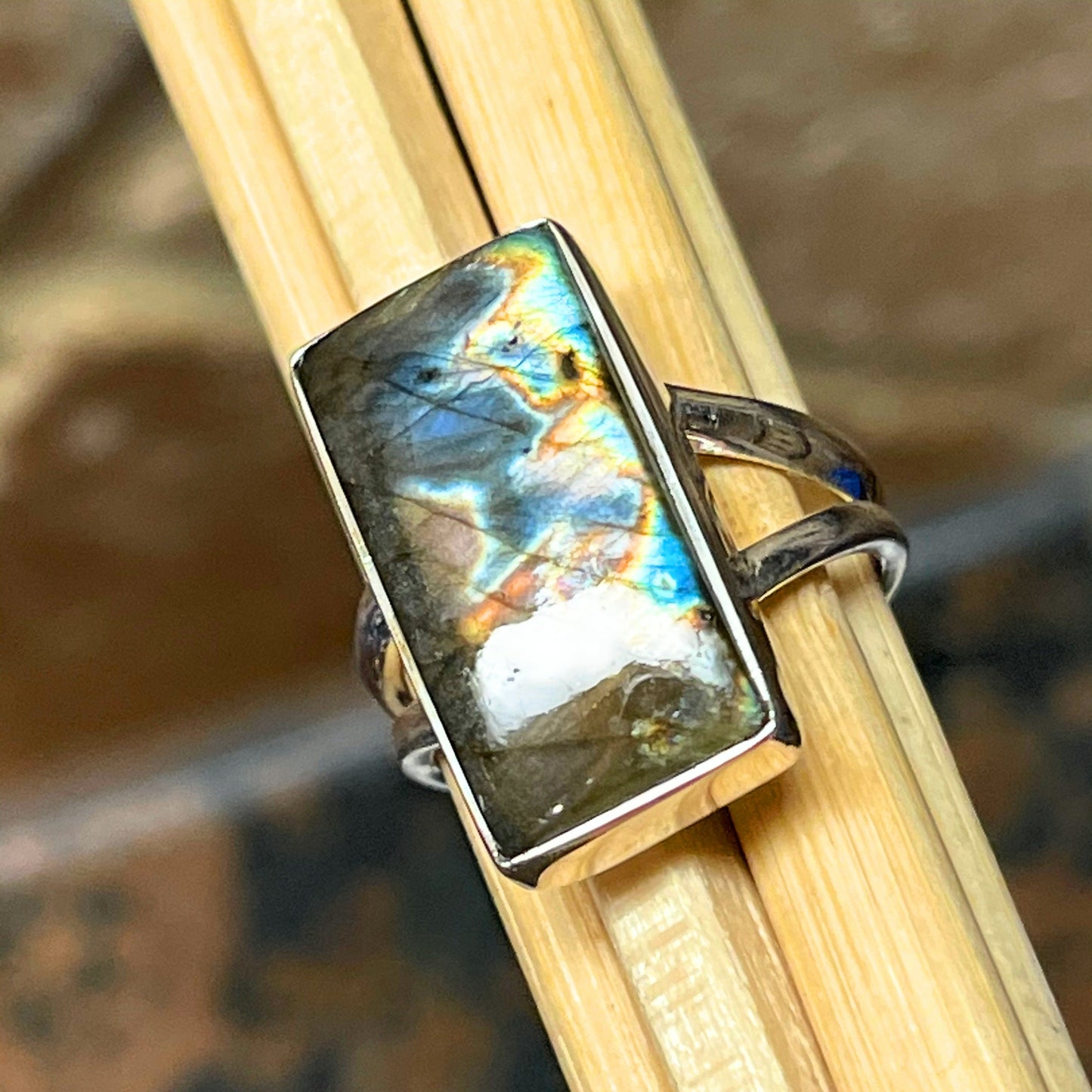 Natural Blue Labradorite 925 Solid Sterling Silver Ring Size 6.75 - Natural Rocks by Kala