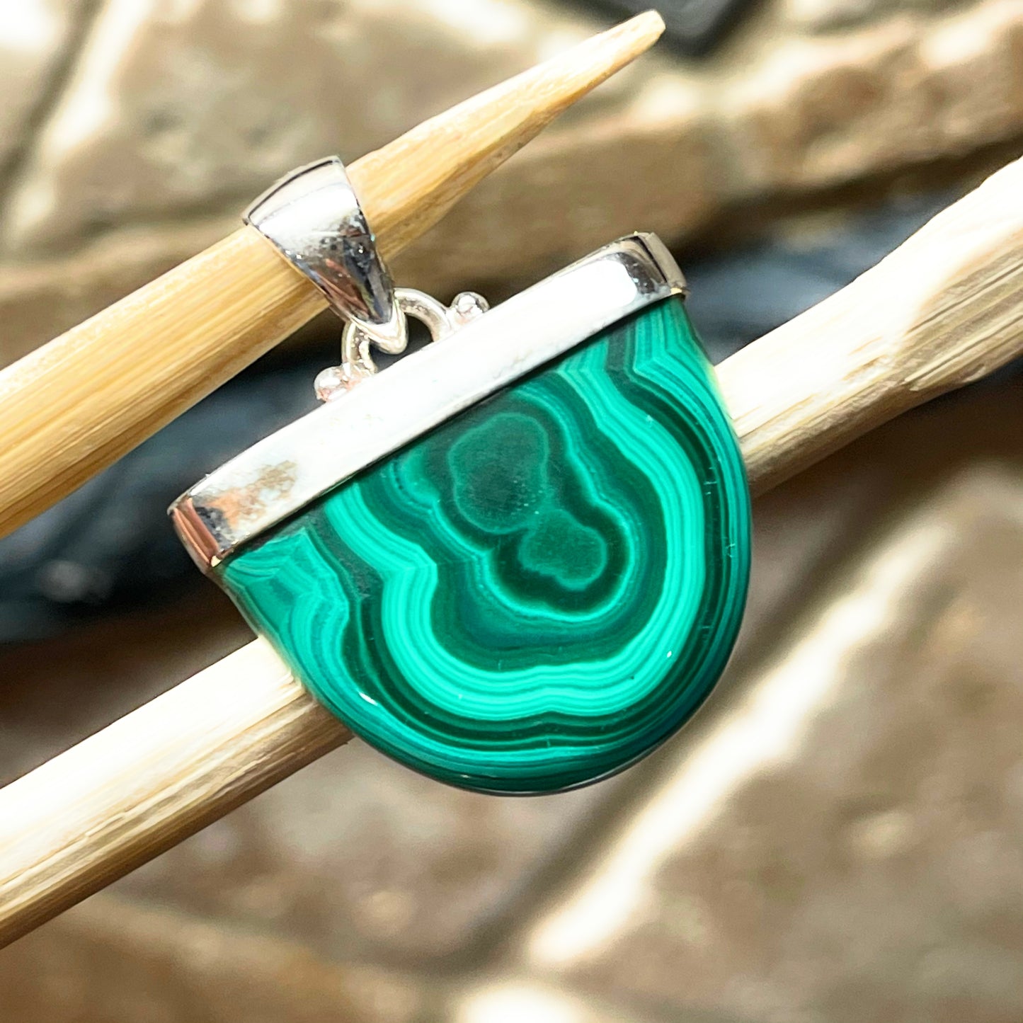 Natural Malachite 925 Solid Sterling Silver Pendant 27mm - Natural Rocks by Kala