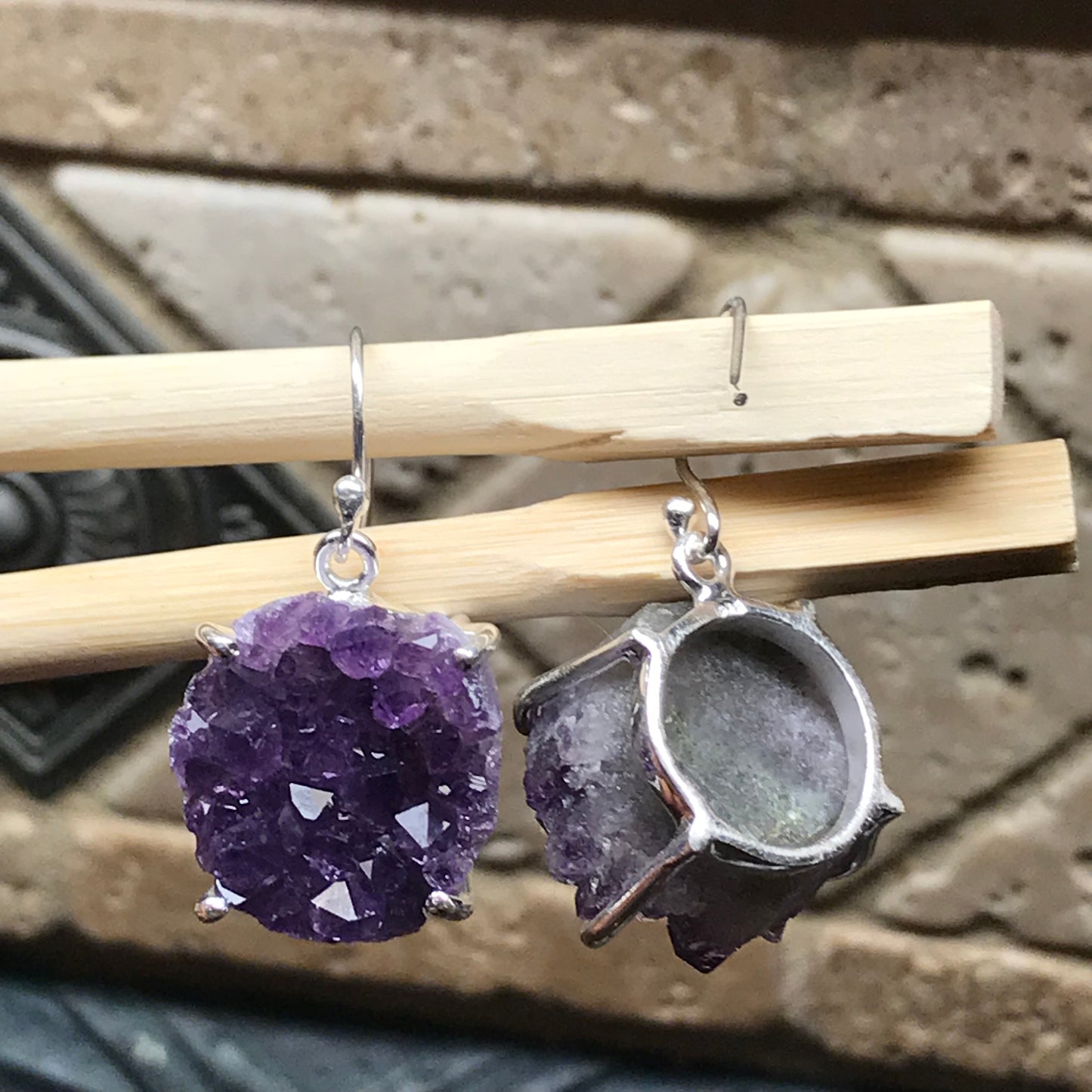 Genuine Purple Amethyst 925 Solid Sterling Silver Earrings 30mm - Natural Rocks by Kala