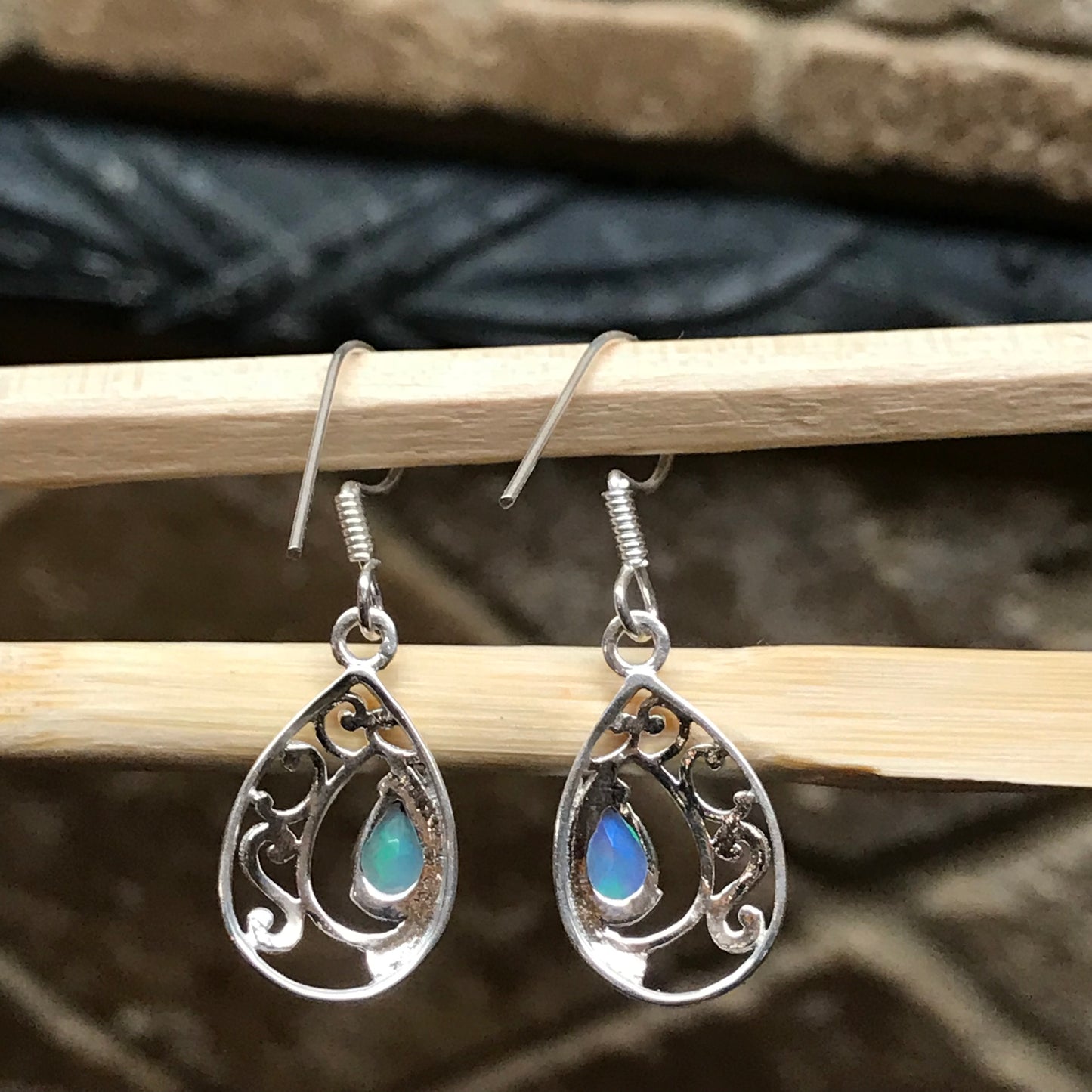 Genuine Ethiopian Opal 925 Solid Sterling Silver Earrings 25mm - Natural Rocks by Kala