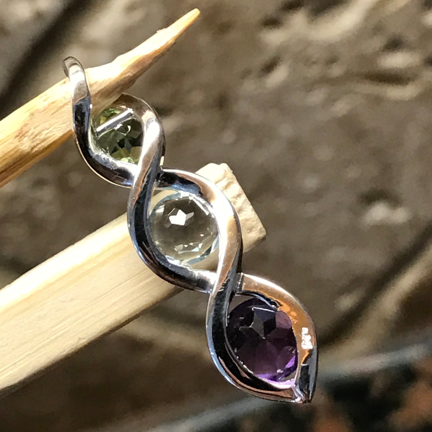 Natural 4ct Peridot Topaz Amethyst 925 Solid Sterling Silver Twist Pendant 28mm - Natural Rocks by Kala