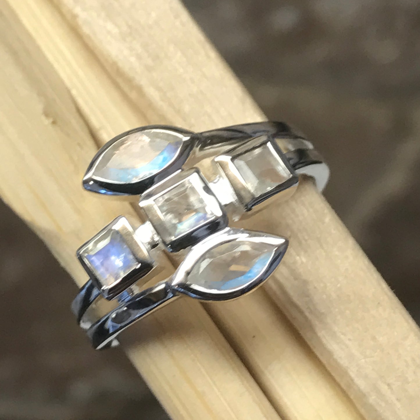 Genuine Rainbow Moonstone 925 Solid Sterling Silver Ring Size 6, 7, 8, 9 - Natural Rocks by Kala