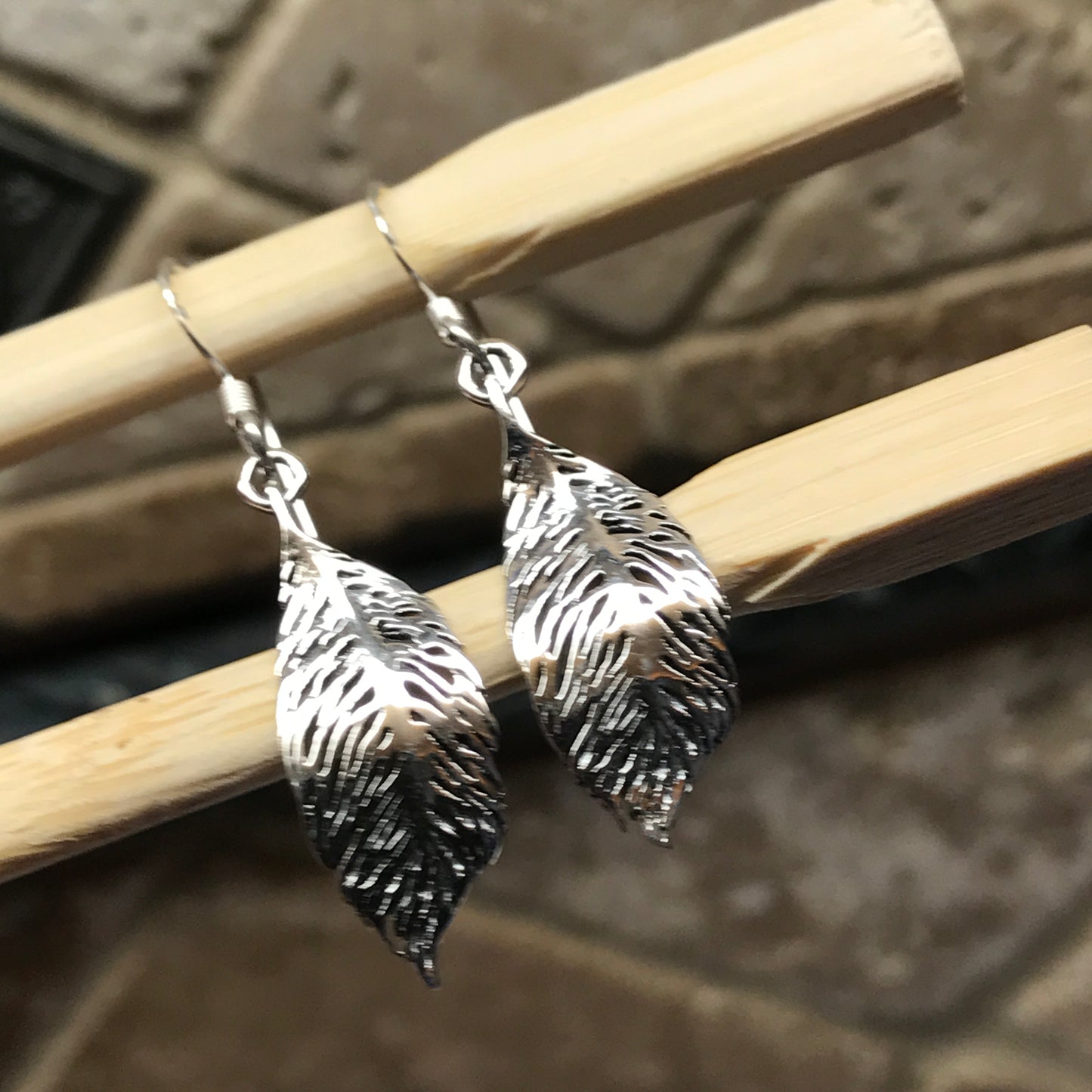 Victorian Leaf 925 Solid Sterling Silver Dangle Earrings 35mm - Natural Rocks by Kala