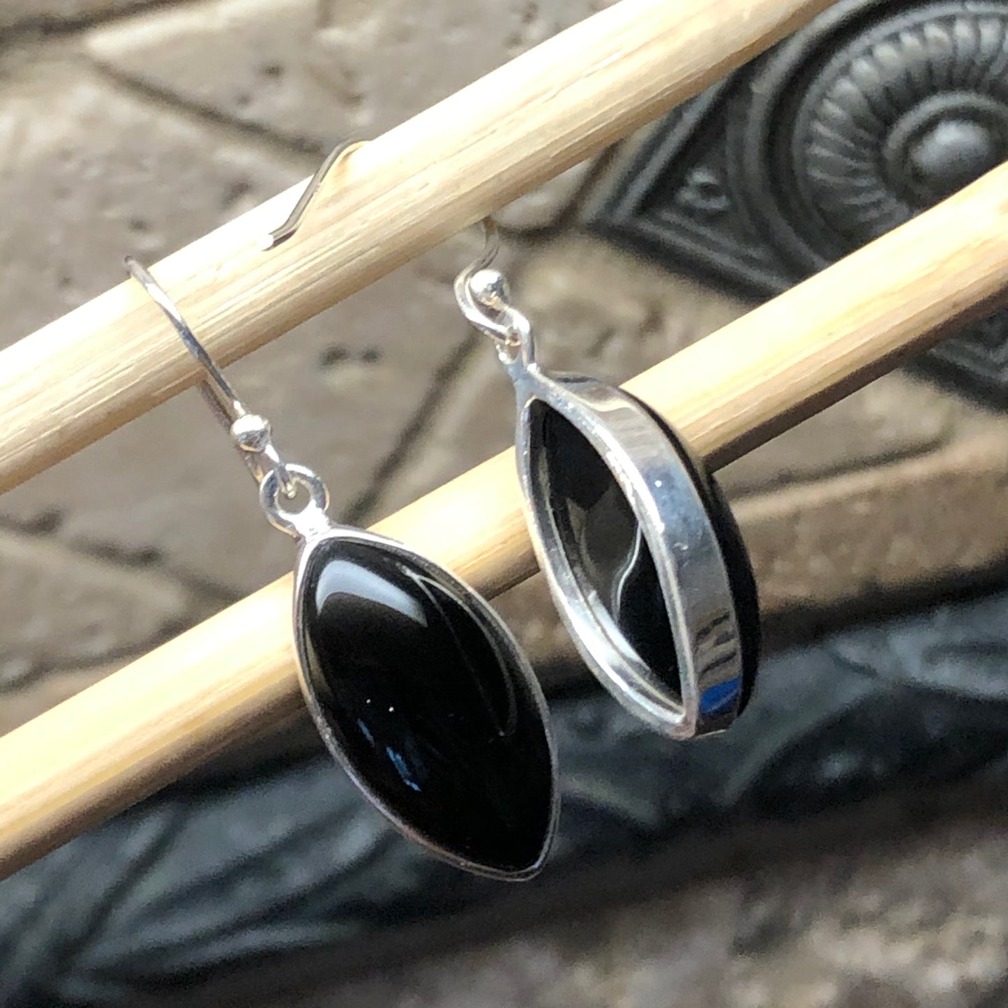 Genuine Black Onyx 925 Solid Sterling Silver Earrings 35mm - Natural Rocks by Kala
