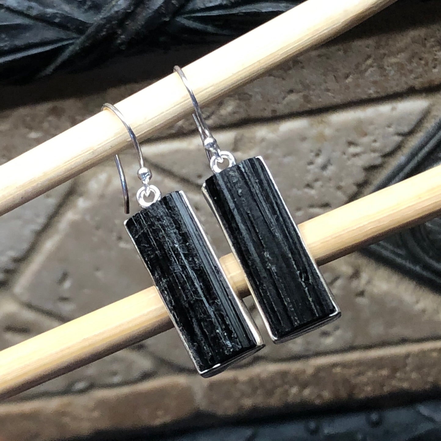 Genuine Black Tourmaline 925 Sterling Silver Earrings 40mm - Natural Rocks by Kala