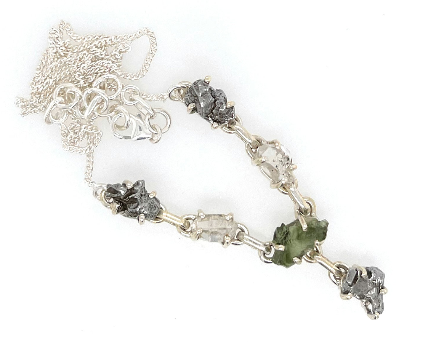 Natural Green Moldavite Herkimer Diamond Meteorite Campo Del Cielo 925 Sterling Silver Necklace 17' - Natural Rocks by Kala