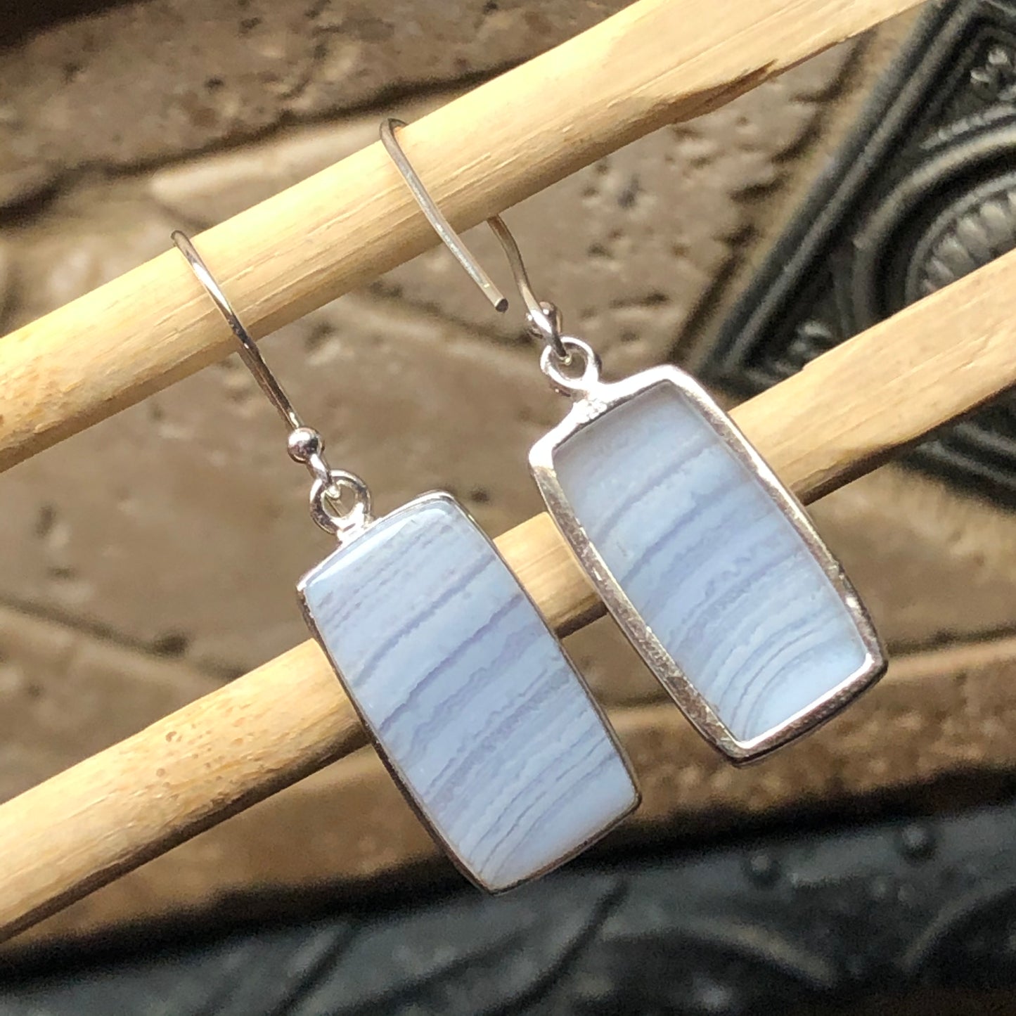 Natural Blue Lace Agate 925 Sterling Silver Earrings 35mm - Natural Rocks by Kala