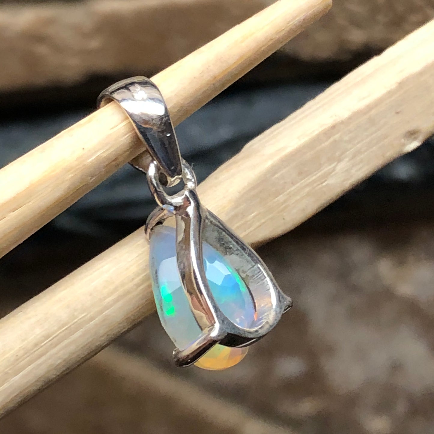 Genuine Ethiopian Opal 925 Solid Sterling Silver Pendant 18mm - Natural Rocks by Kala