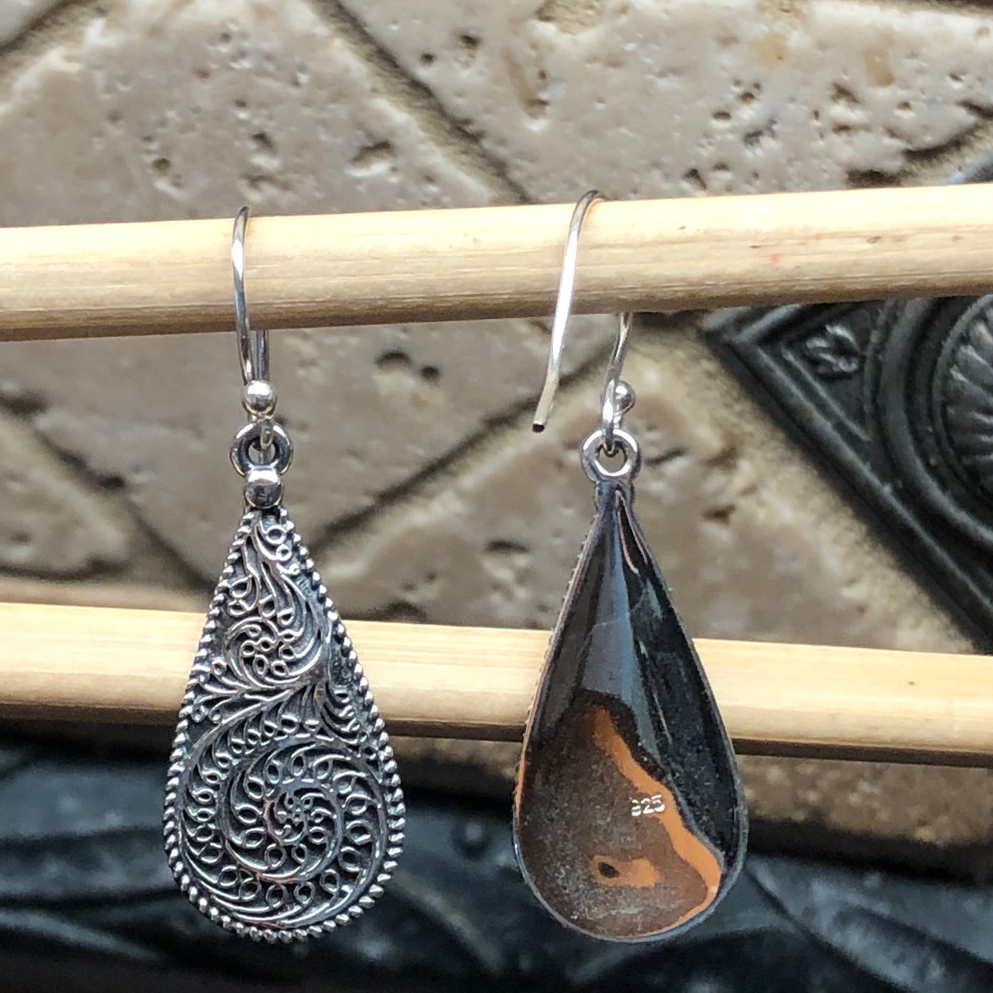 Art Deco Filigree 925 Solid Sterling Silver Dangle Earrings 40mm - Natural Rocks by Kala