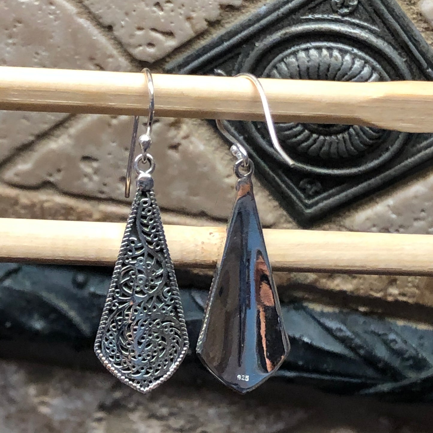 Art Deco Filigree 925 Solid Sterling Silver Earrings 40mm - Natural Rocks by Kala