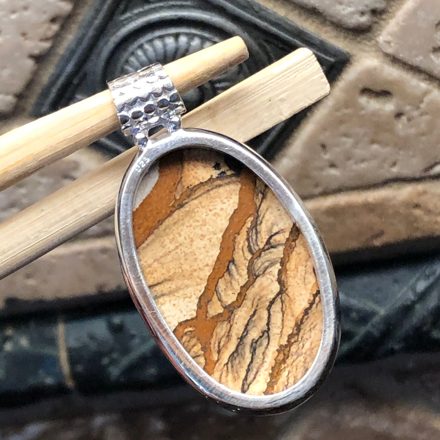 Natural Picture Jasper 925 Solid Sterling Silver American Landscape Pendant 45mm - Natural Rocks by Kala