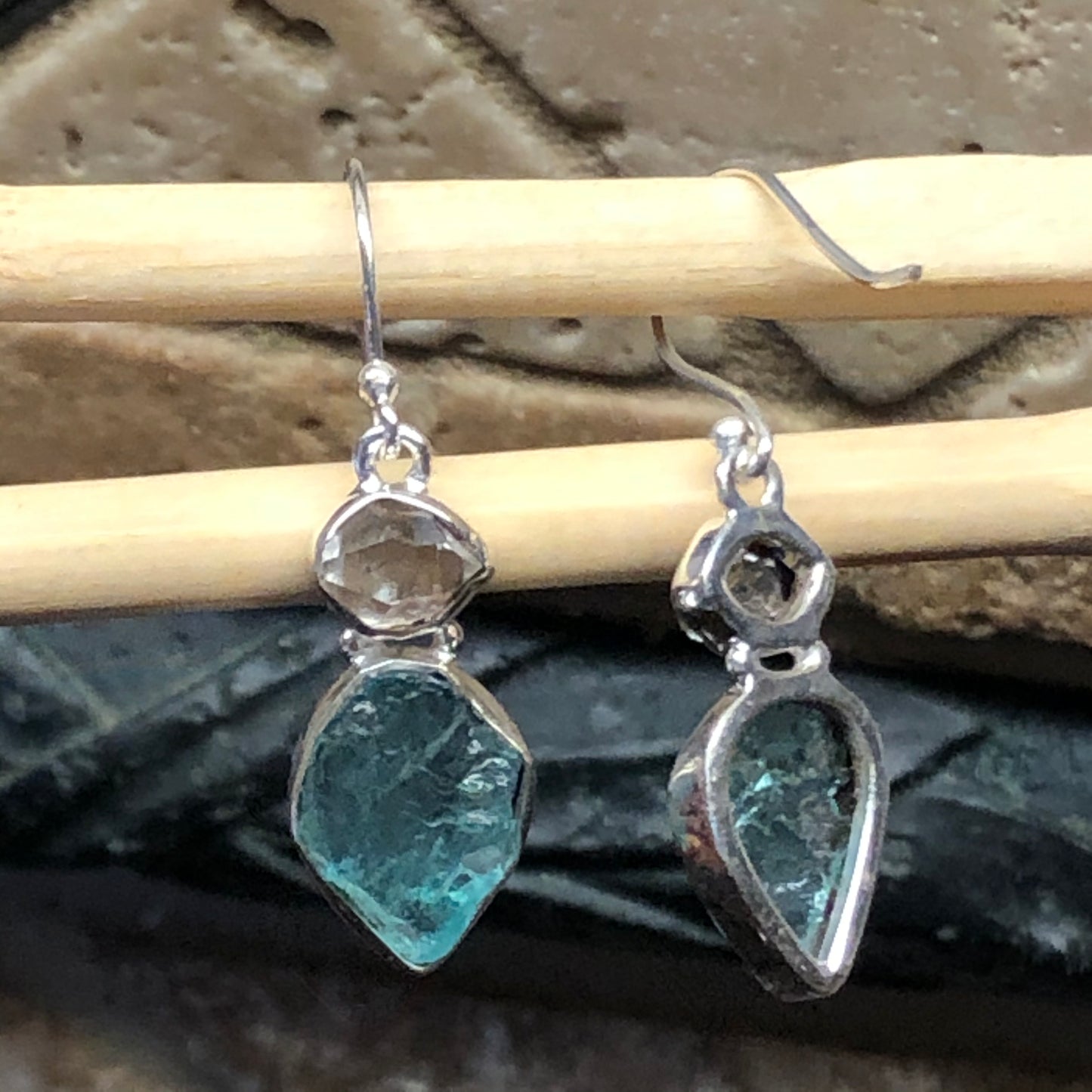 Genuine Neon Blue Apatite, Herkimer Diamond 925 Solid Sterling Silver Earrings 35mm - Natural Rocks by Kala