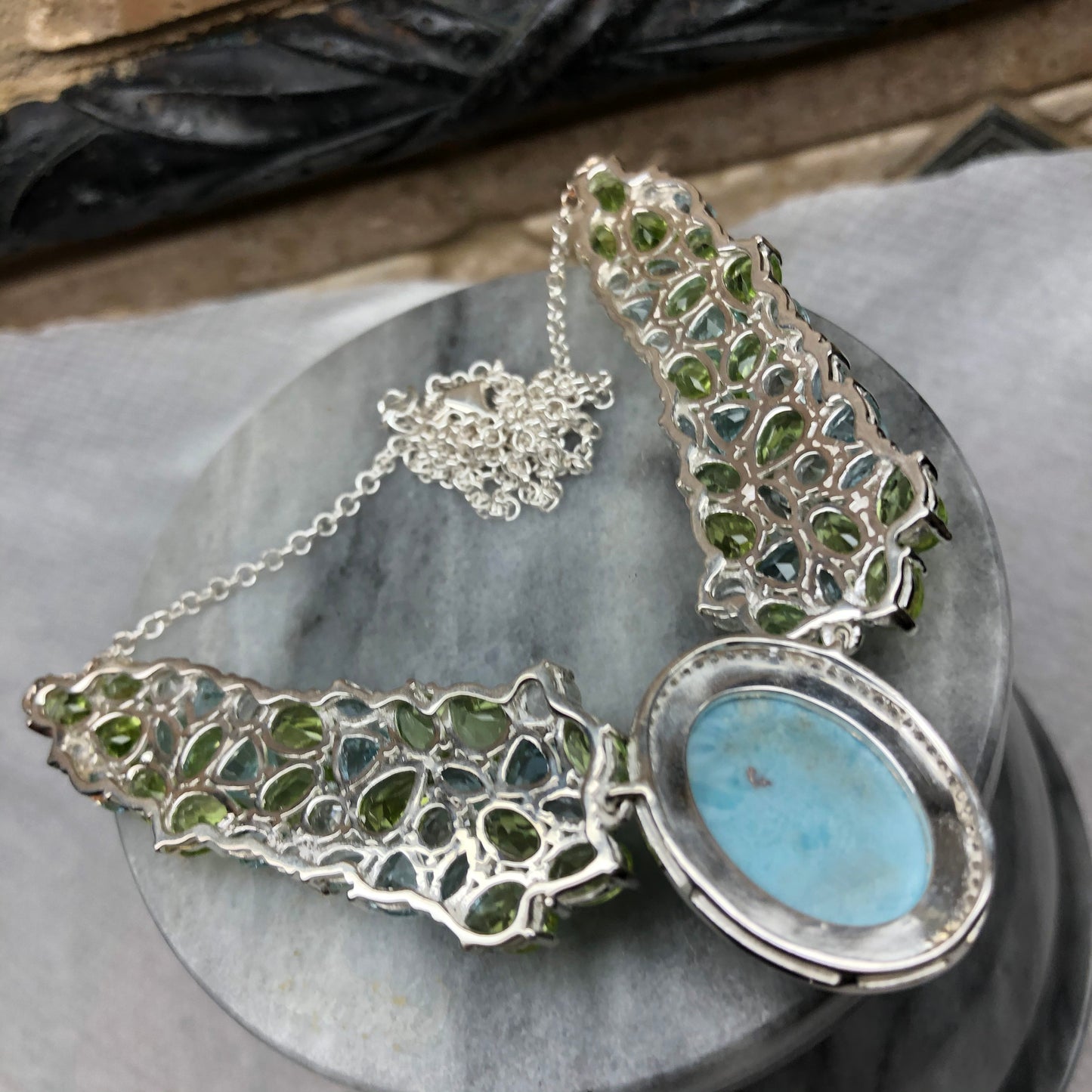 Natural Larimar, Peridot, Blue Topaz, White Quartz, 925 Solid Sterling Silver Necklace 17" - Natural Rocks by Kala
