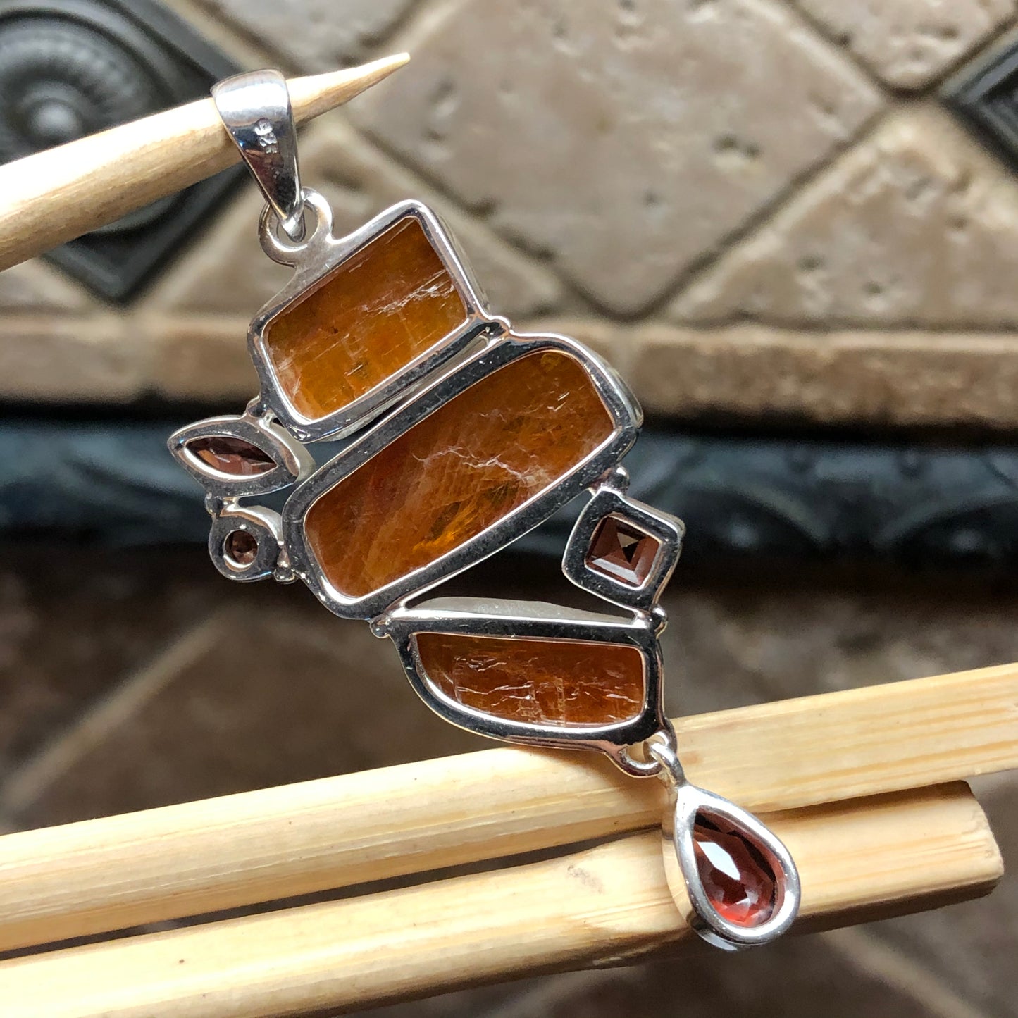 Natural Orange Kyanite, Pyrope Garnet 925 Solid Sterling Silver Pendant 55mm - Natural Rocks by Kala