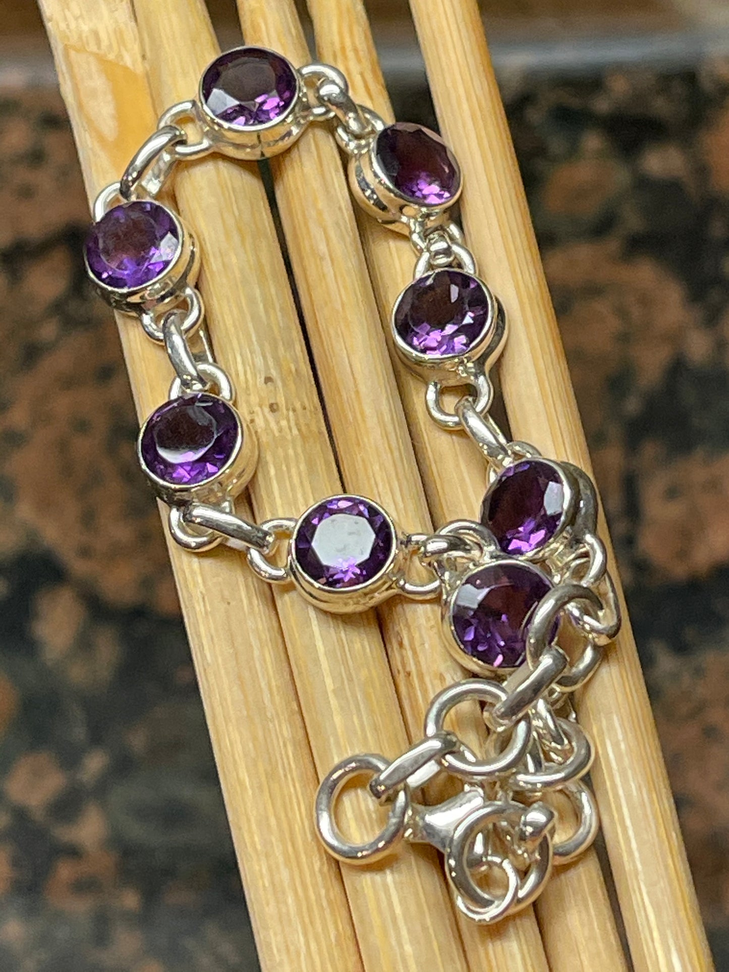 Genuine 8ct Purple Amethyst 925 Solid Sterling Silver Bracelets 7" - Natural Rocks by Kala