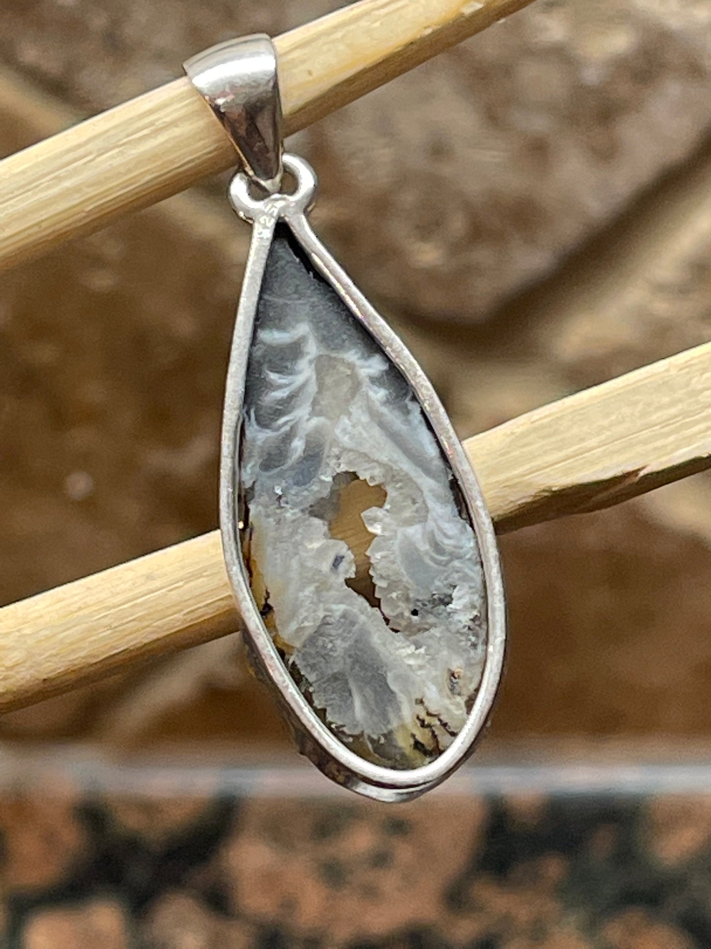 Natural Geode Slice Druzy 925 Solid Sterling Silver Pendant 45mm - Natural Rocks by Kala