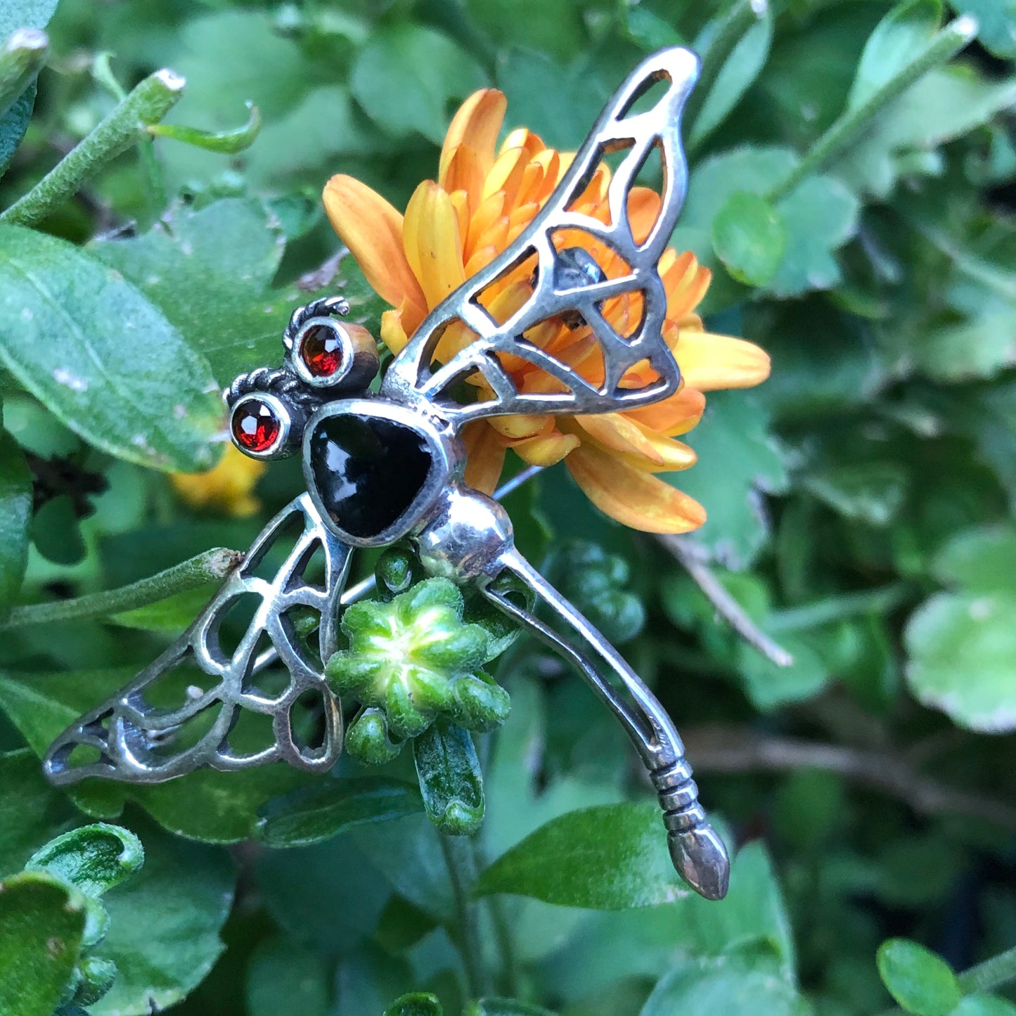 Natural Garnet, Black Onyx 925 Solid Sterling Silver Butterfly Brooch - Natural Rocks by Kala
