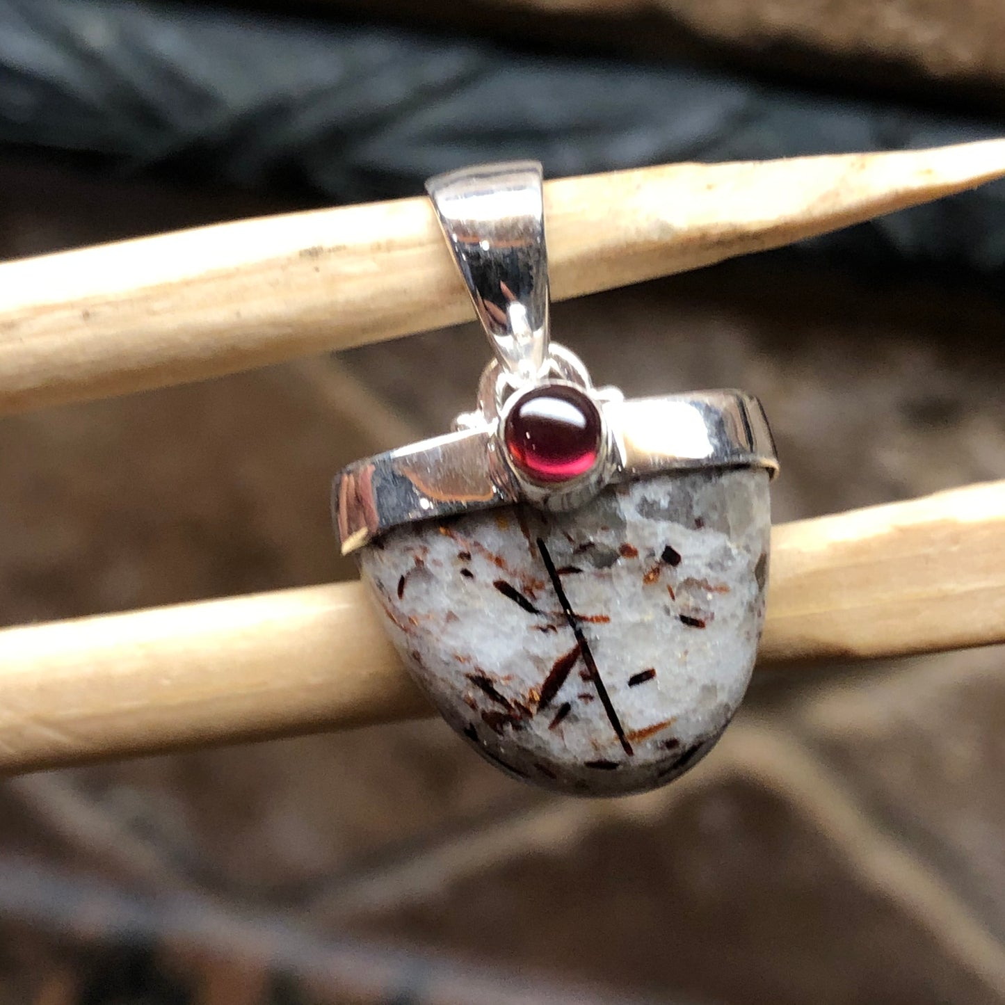 Genuine Astrophyllite, Garnet 925 Solid Sterling Silver Pendant 20mm - Natural Rocks by Kala