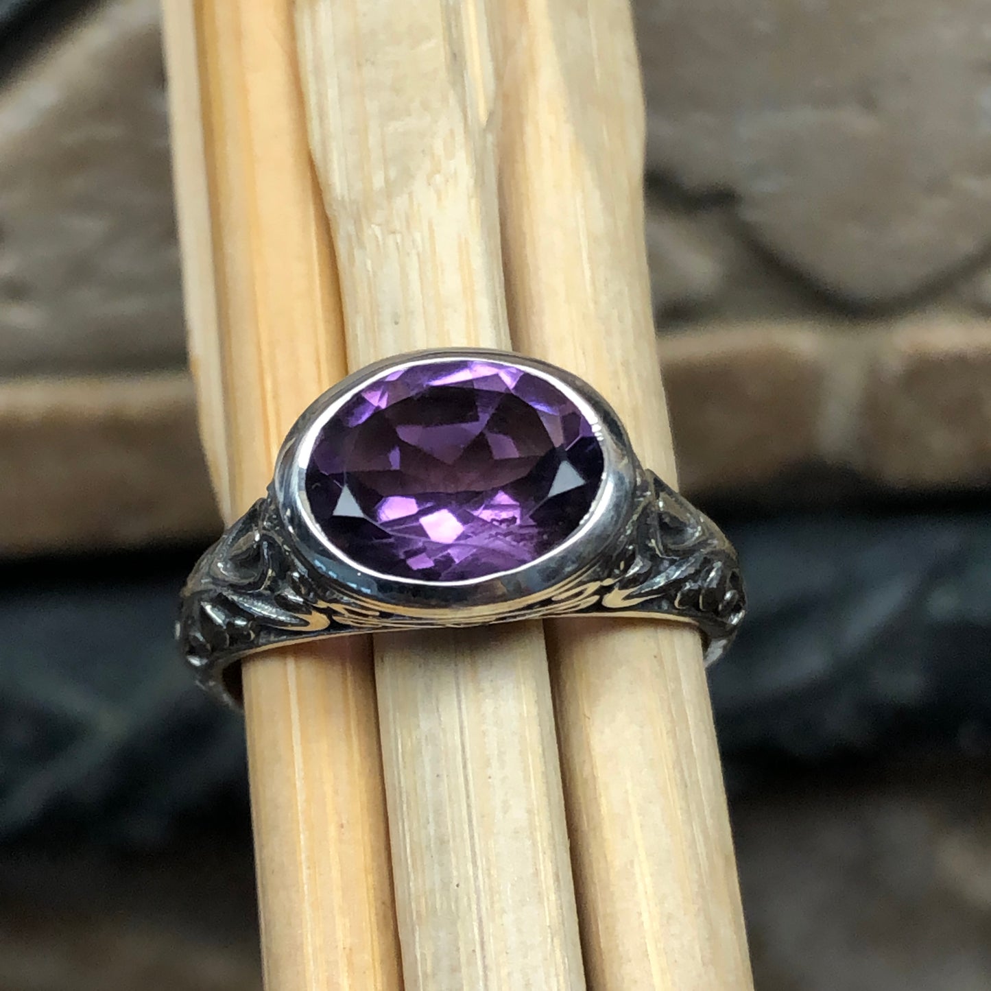 Natural 2ct Purple Amethyst 925 Solid Sterling Silver Ring Size 6, 7 - Natural Rocks by Kala