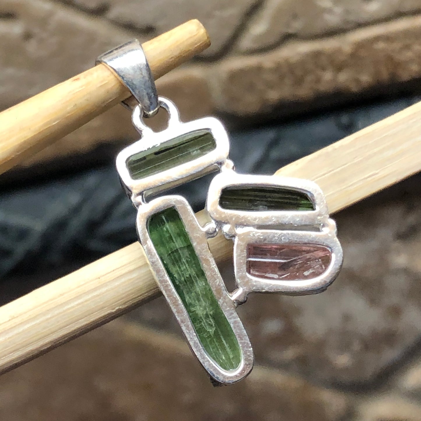 Natural Green Tourmaline, Rubellite Tourmaline 925 Sterling Silver Pendant 35mm - Natural Rocks by Kala