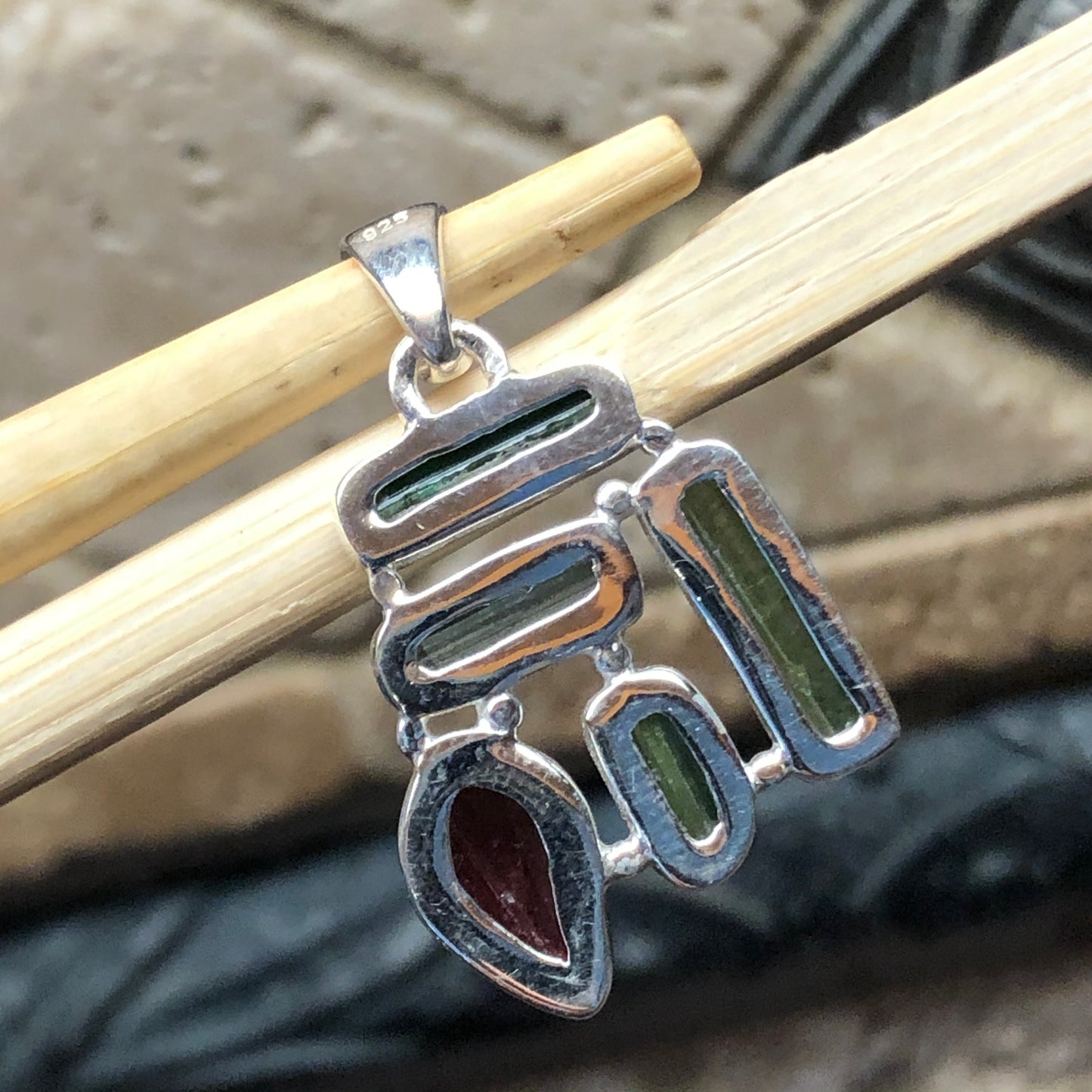 Natural Green Tourmaline, Rubellite Tourmaline 925 Solid Sterling Silver Pendant 30mm - Natural Rocks by Kala
