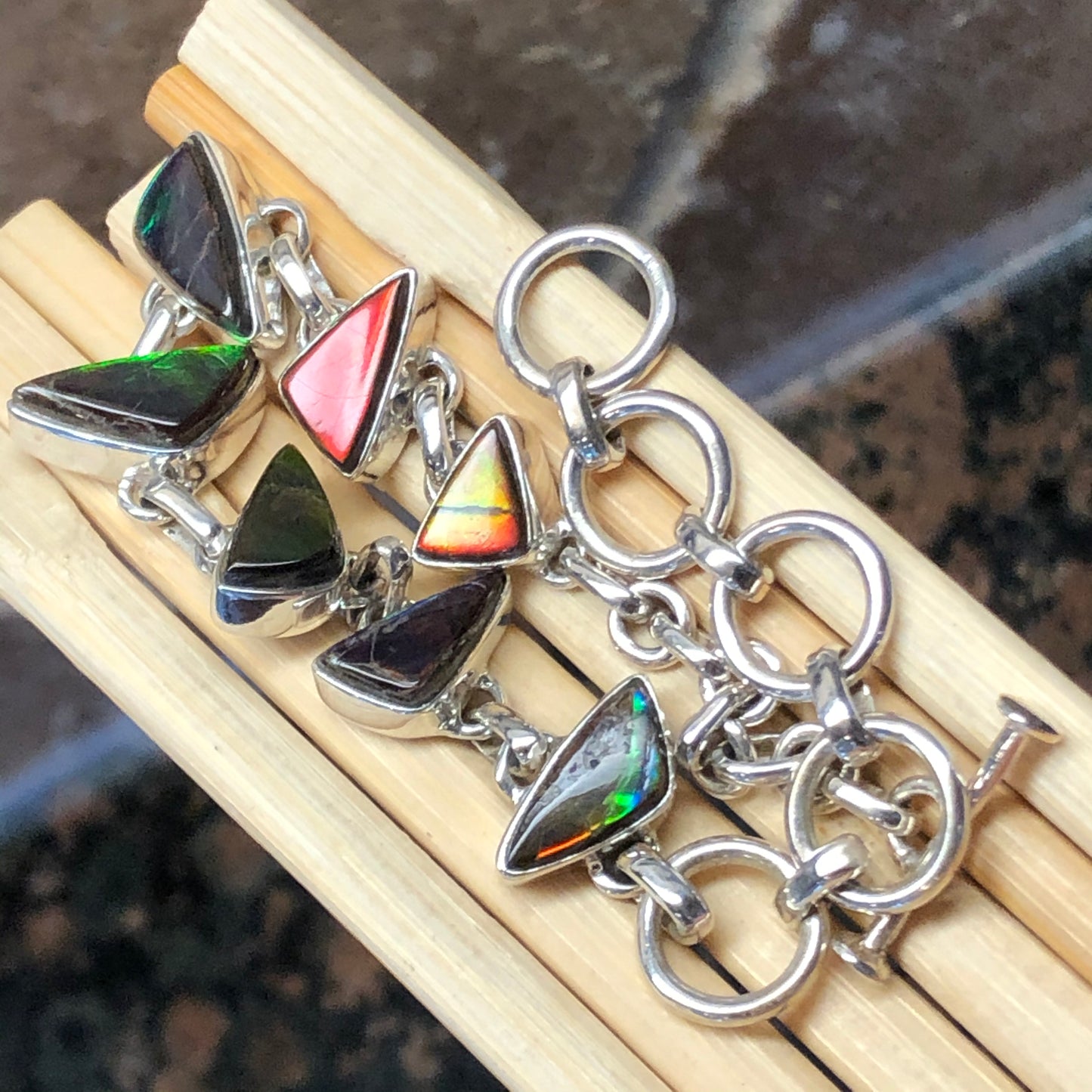 Natural Canadian Ammolite 925 Solid Sterling Silver Bracelets 7" - Natural Rocks by Kala