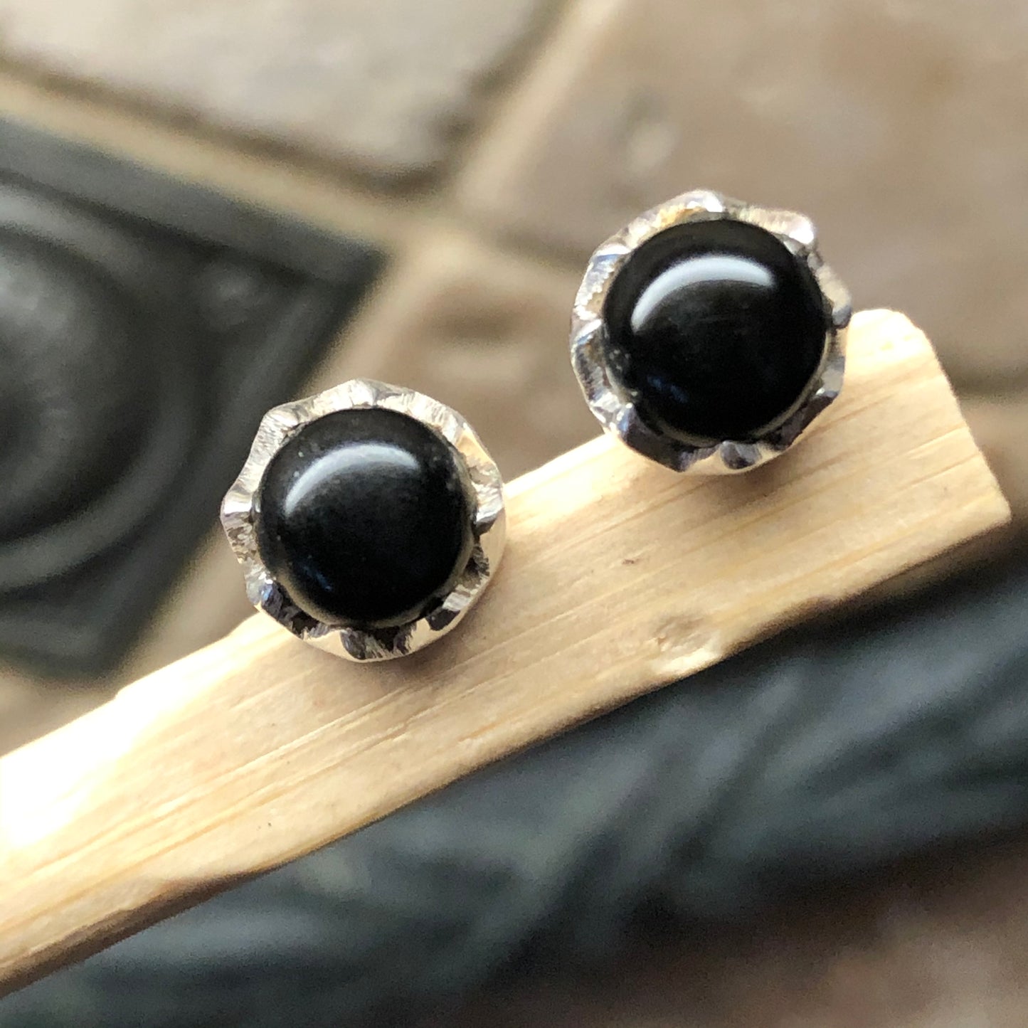 Genuine Black Onyx 925 Solid Sterling Silver Earrings 7mm - Natural Rocks by Kala