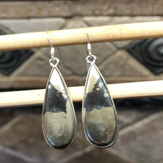 Natural Pyrite in Magnetite 925 Solid Sterling Silver Earrings 30mm - Natural Rocks by Kala