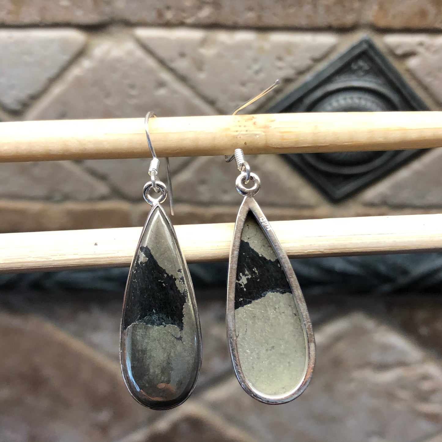 Natural Pyrite in Magnetite 925 Solid Sterling Silver Earrings 30mm - Natural Rocks by Kala