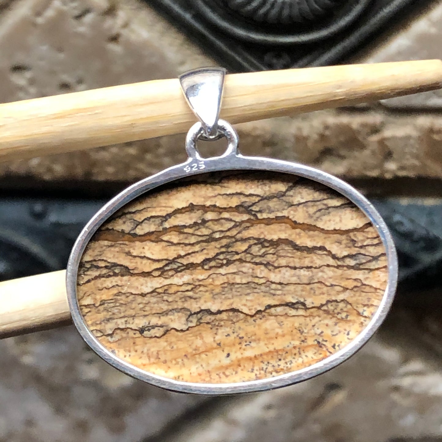 Natural Picture Jasper 925 Solid Sterling Silver Pendant 35mm - Natural Rocks by Kala